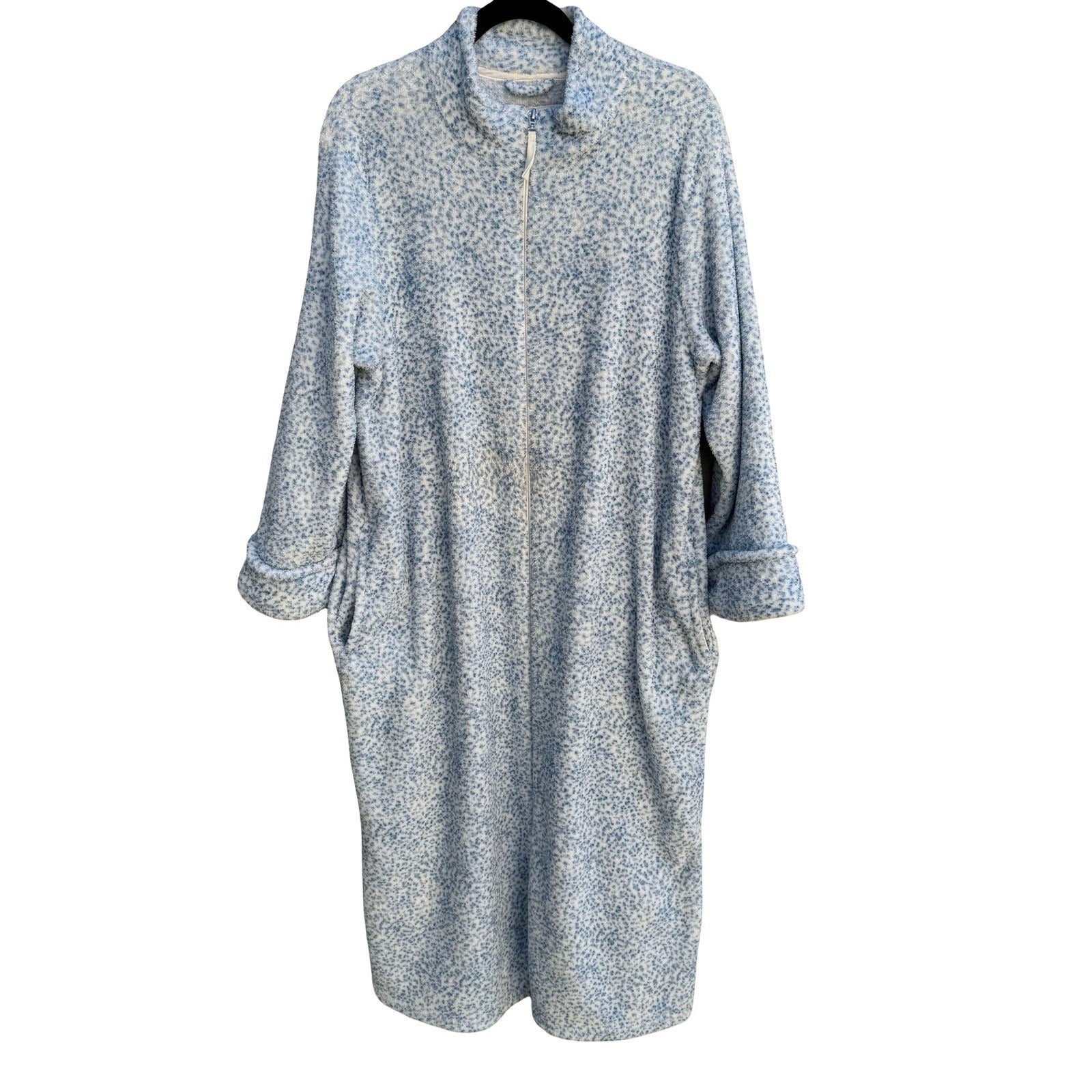 Oscar de la Renta Blue White Fleece Full Zip Robe Pockets L/XL Luxury Loungewear