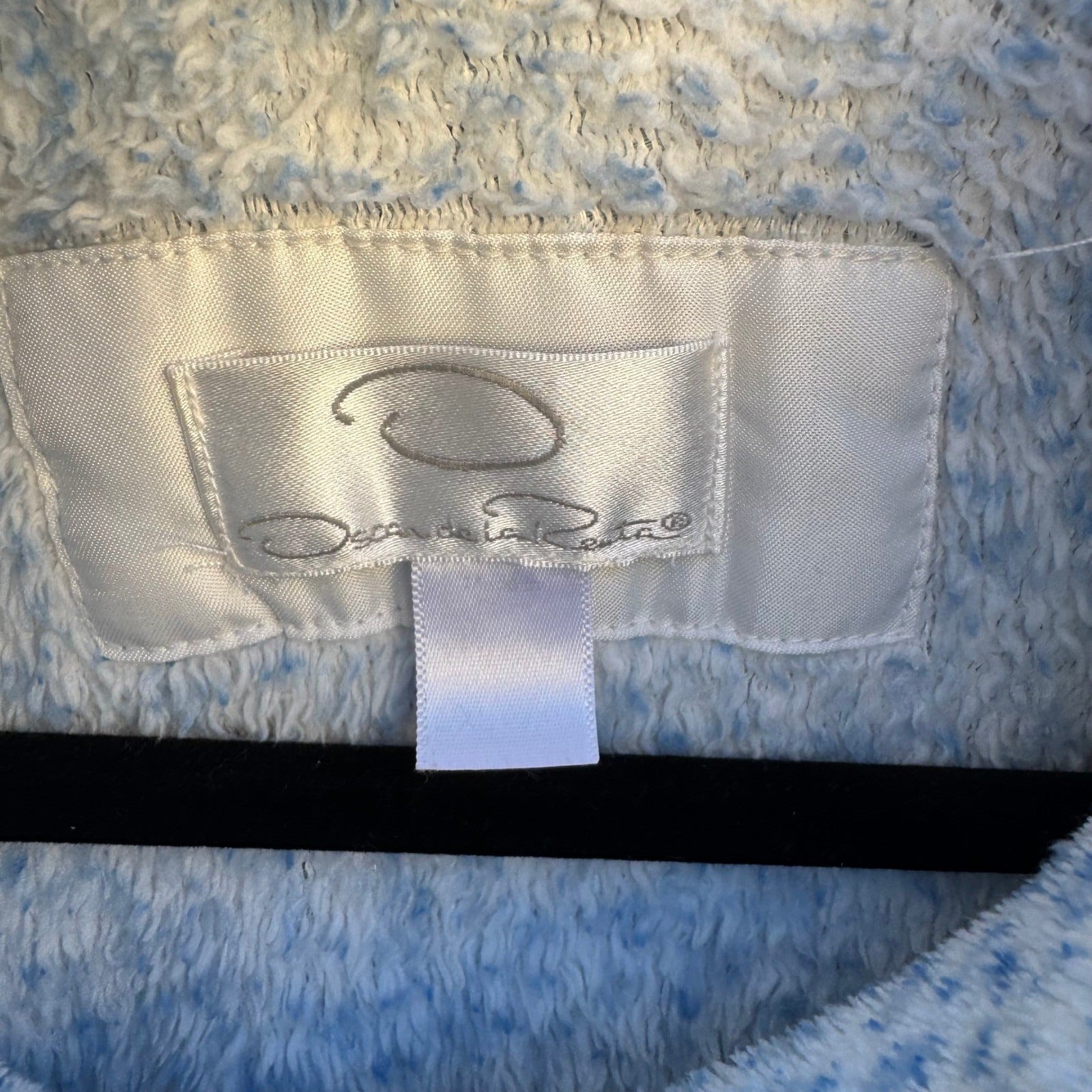 Oscar de la Renta Blue White Fleece Full Zip Robe Pockets L/XL Luxury Loungewear