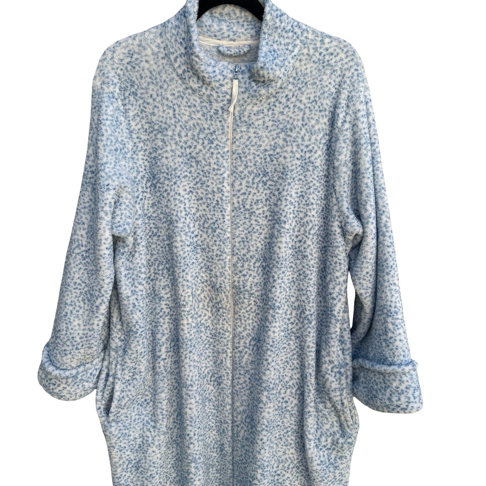 Oscar de la Renta Blue White Fleece Full Zip Robe Pockets L/XL Luxury Loungewear