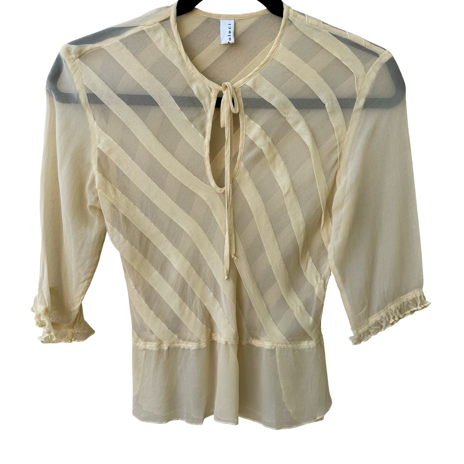 Poleci Silk Sheer Butter Yellow Diagonal Stripe Tie Blouse Ruffle 3/4 Sleeve m