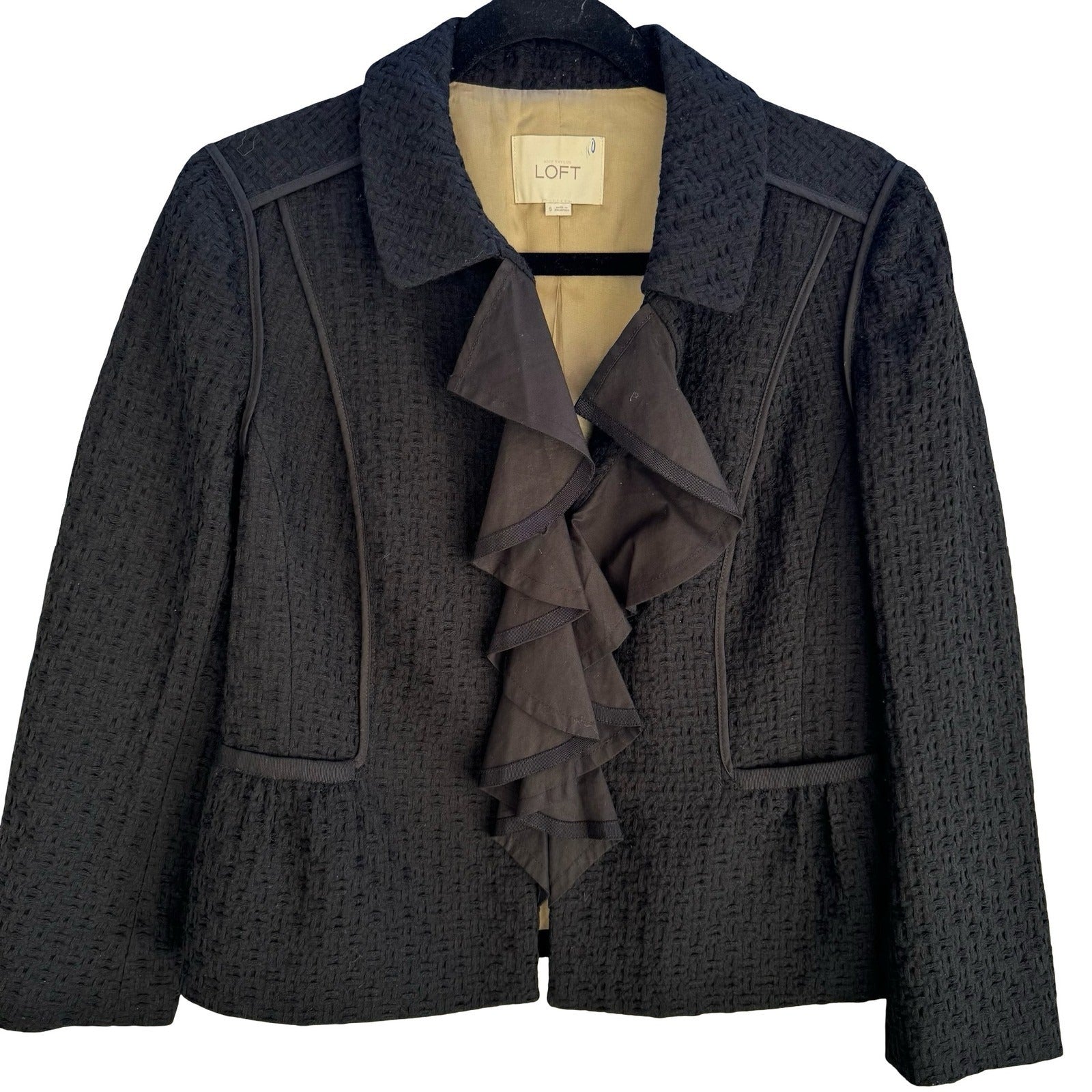 Ann Taylor LOFT Tailored Wool Blend Ruffle Front Peplum Blazer Jacket Black 6