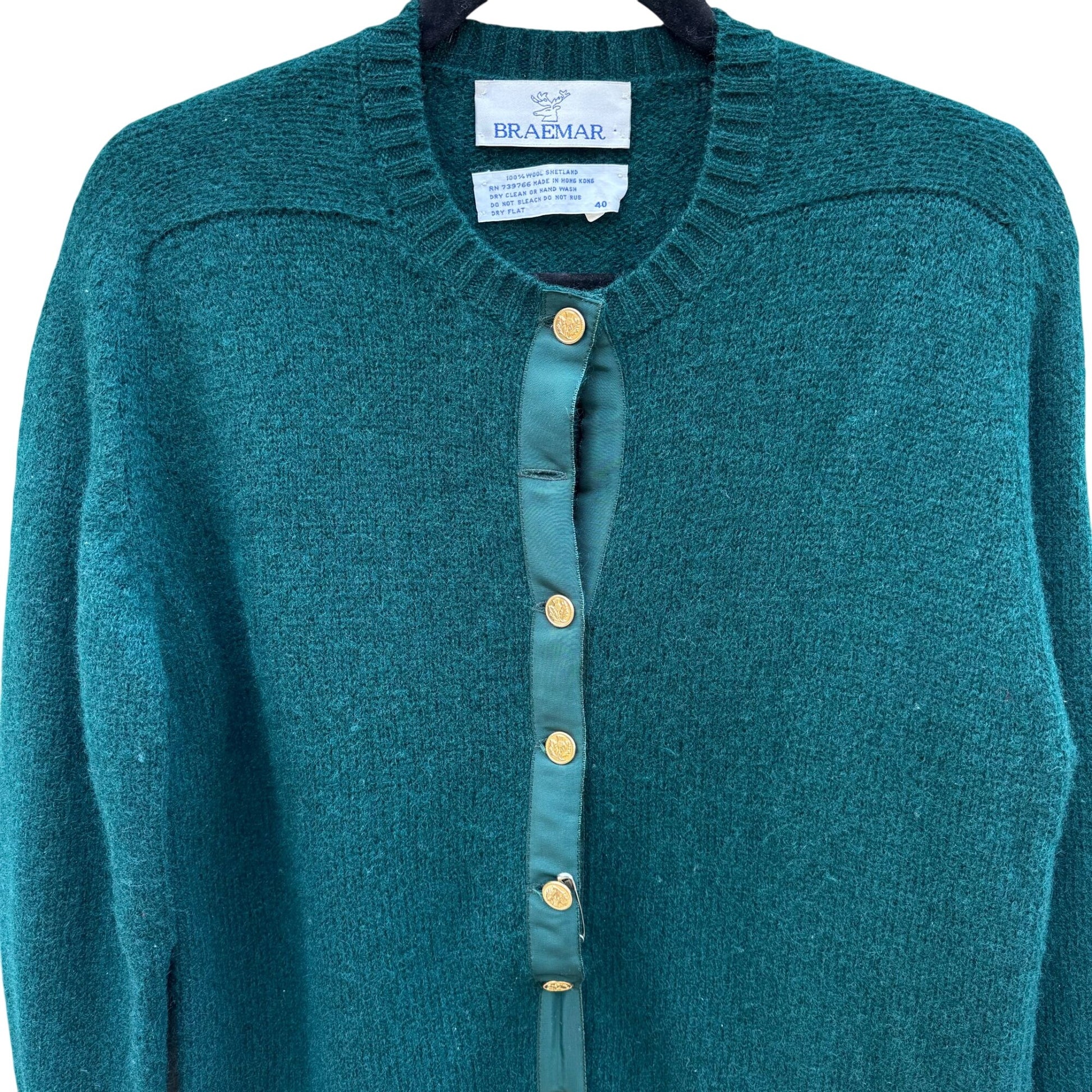 Braemar Vintage Womens Green Wool Knit Shetland Cardigan Sweater Button Defects
