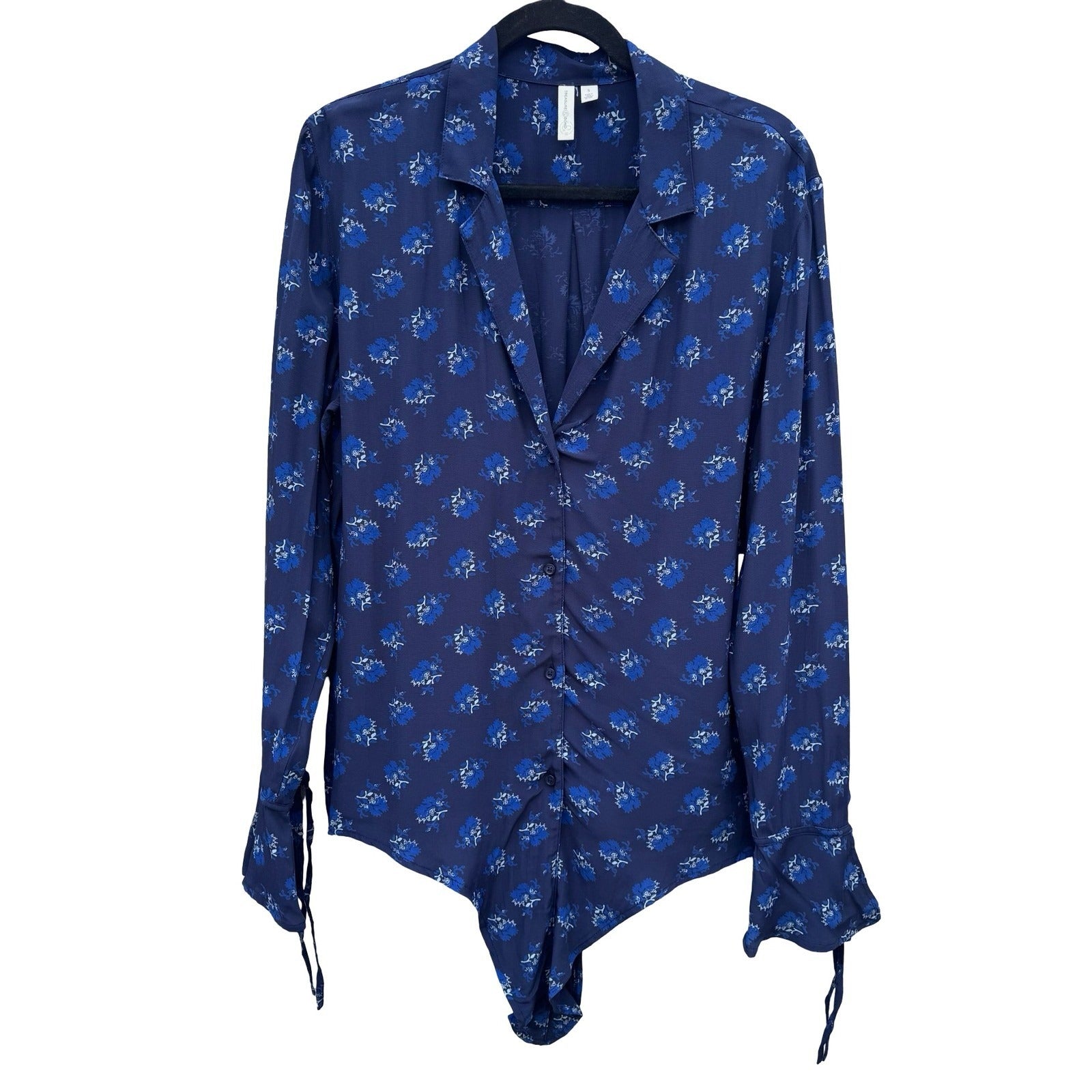 Treasure & Bond Womens Navy Floral Tie Waist Wrists Notched Collar Blouse S NEW