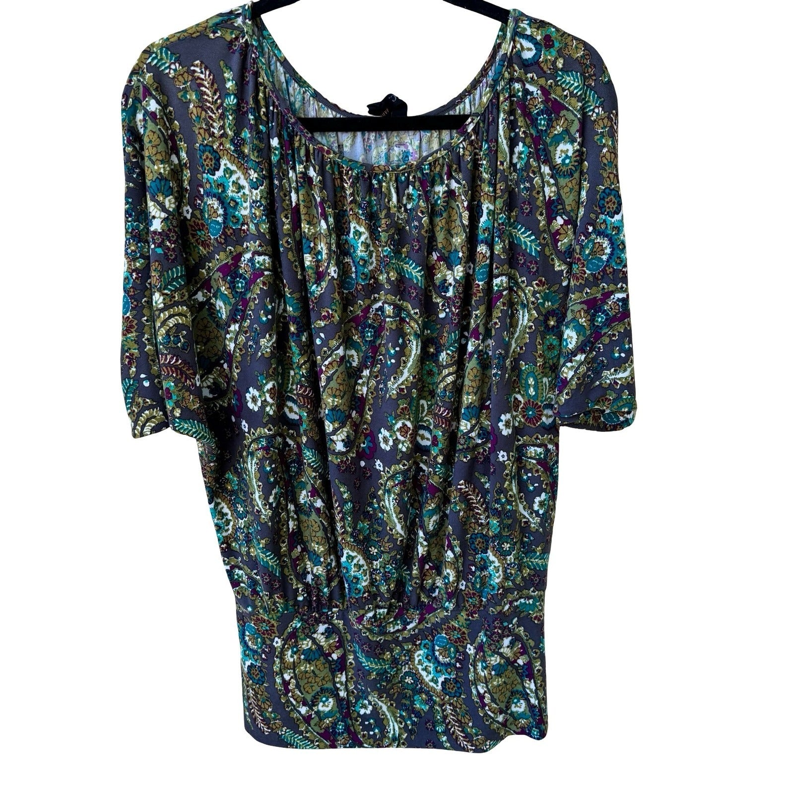 Renee C Paisley Boho Hippie Retro 70s Style Peasant Dolman Sleeve Blouson Top S