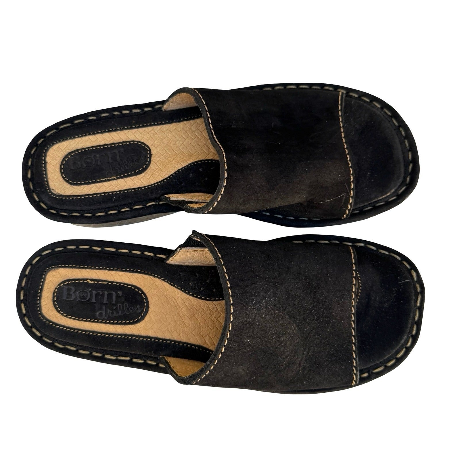 Born Drilles Womens Black Suede Espadrille Slide Sandals Whipstitch Wedge Mules