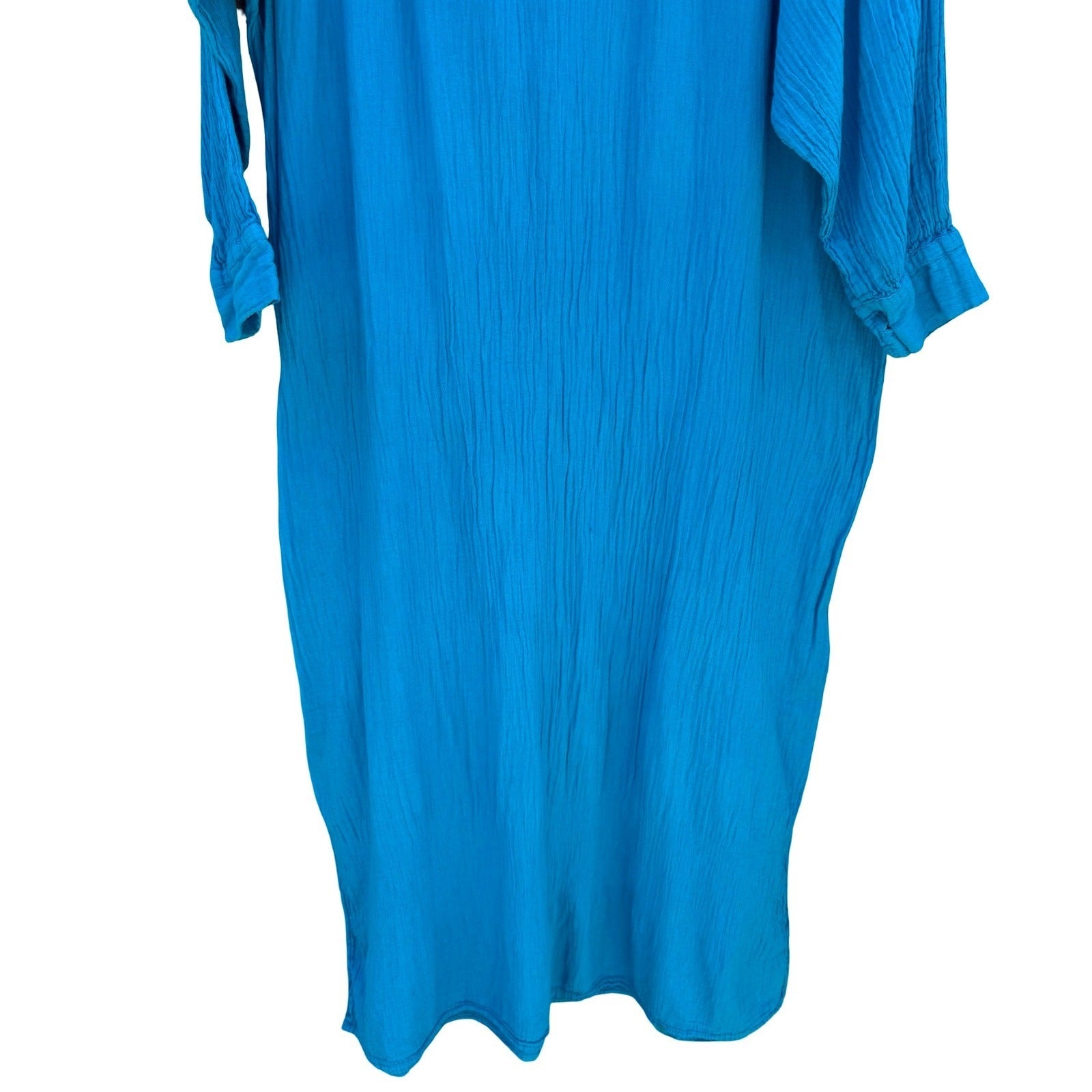 Jucesos Turquoise Blue Cotton Gauze Kaftan Dress Long Sleeve One Size Resortwear