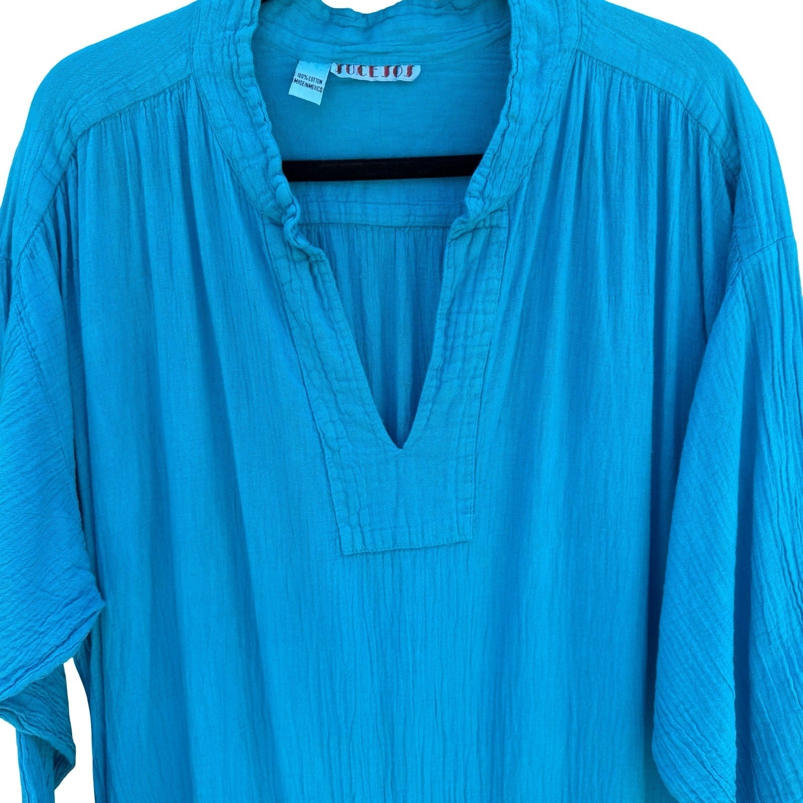Jucesos Turquoise Blue Cotton Gauze Kaftan Dress Long Sleeve One Size Resortwear