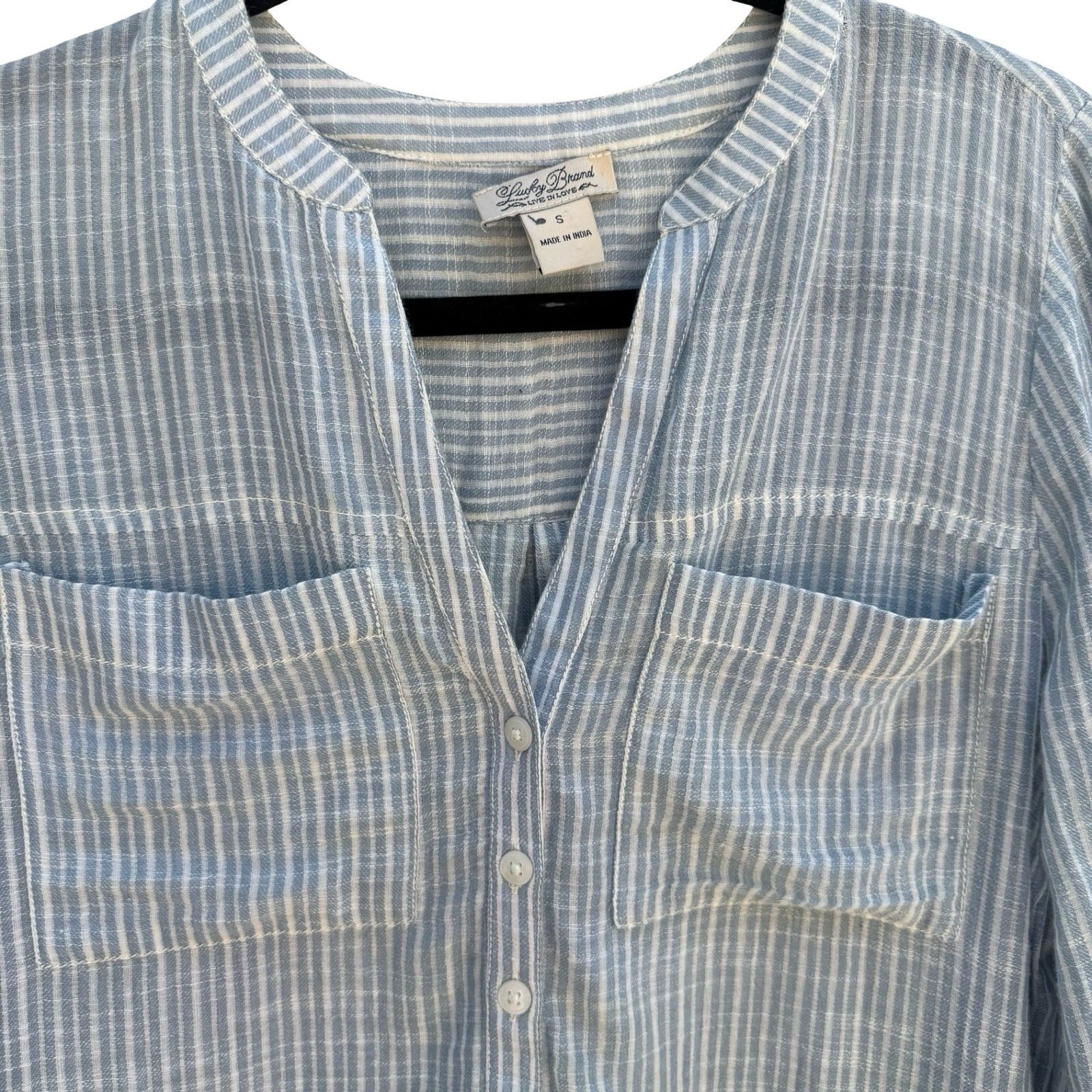 Lucky Brand Indian Cotton Linen Striped Henley Blouse Coastal Boho Blue Womens S