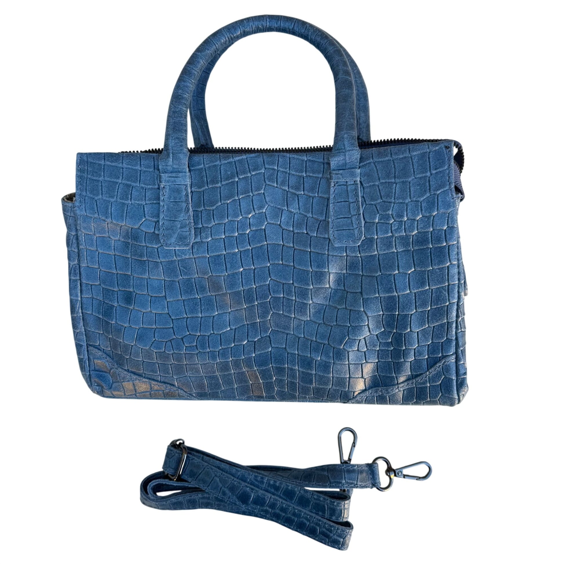 Genuine Italian Leather Croc Embossed Blue Luxury Bag Adjustable Removable Strap