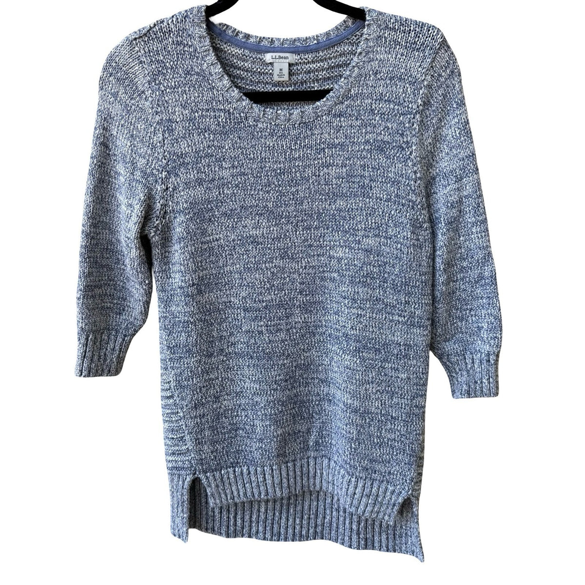 LL Bean Coastal Nautical Preppy Marled Knit 3/4 Sleeve Pullover Sweater Blue M