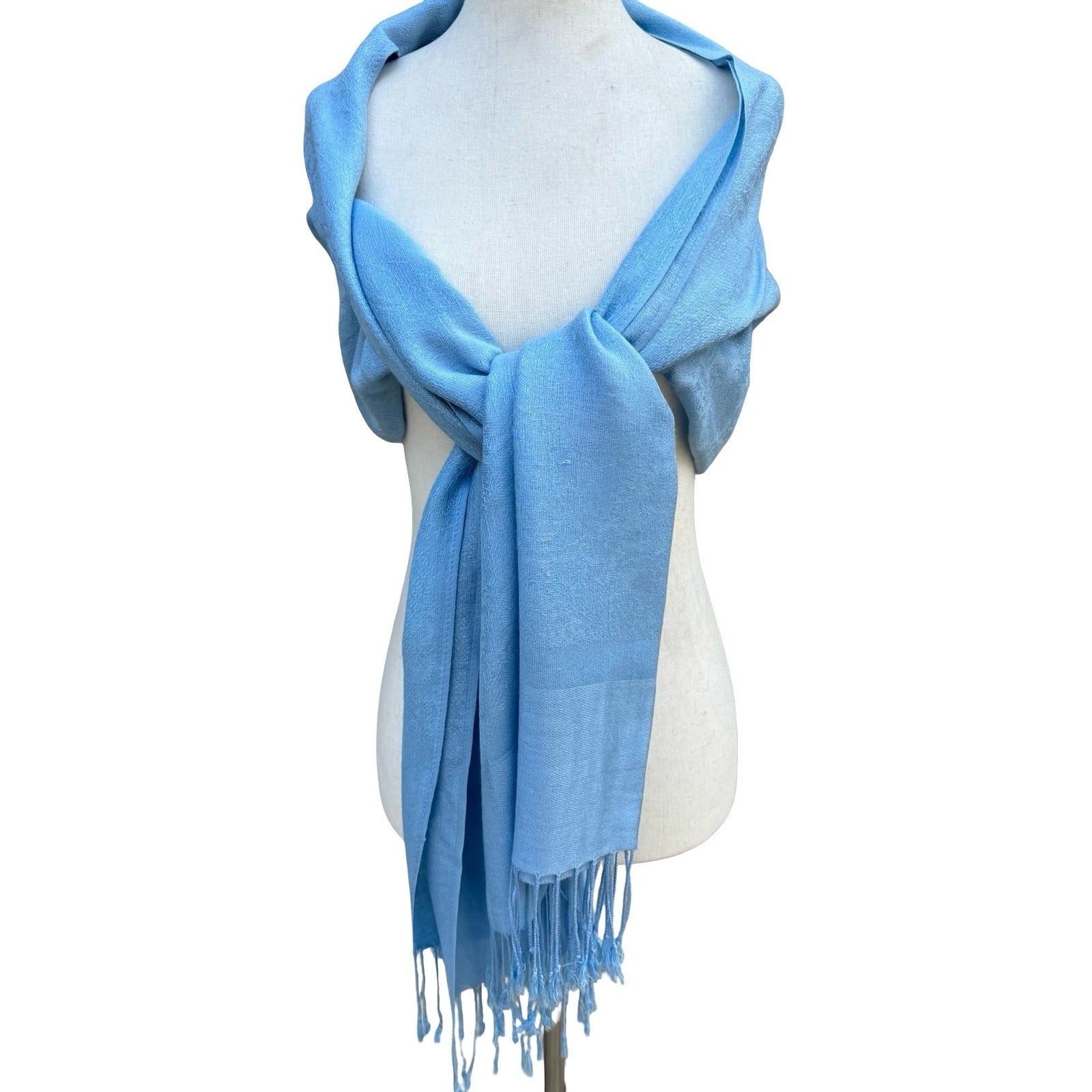 Light Blue Floral Jacquard Pashmina Shawl Wrap Stole Fringe Trim Formal Scarf