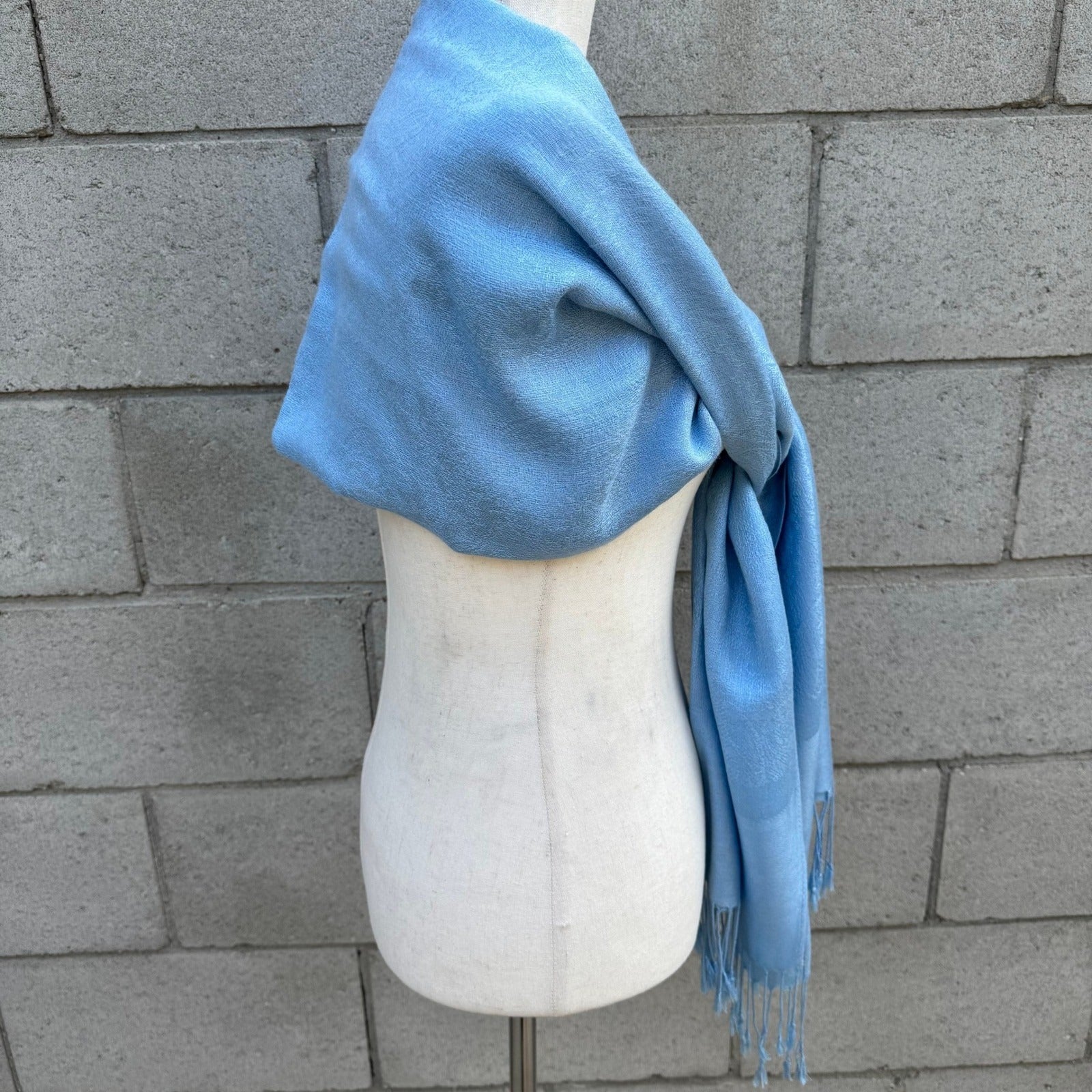Light Blue Floral Jacquard Pashmina Shawl Wrap Stole Fringe Trim Formal Scarf