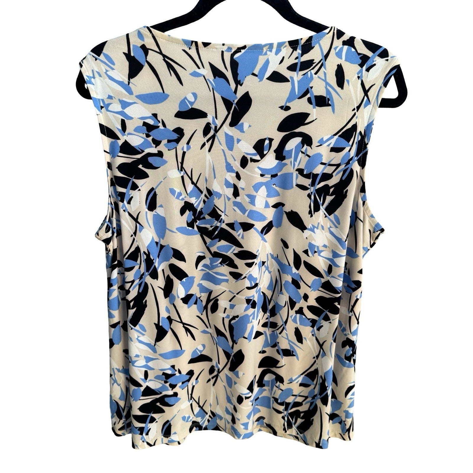 Kasper Professional Abstract Floral Leaf Print Pleated Keyhole Sleeveless Blouse