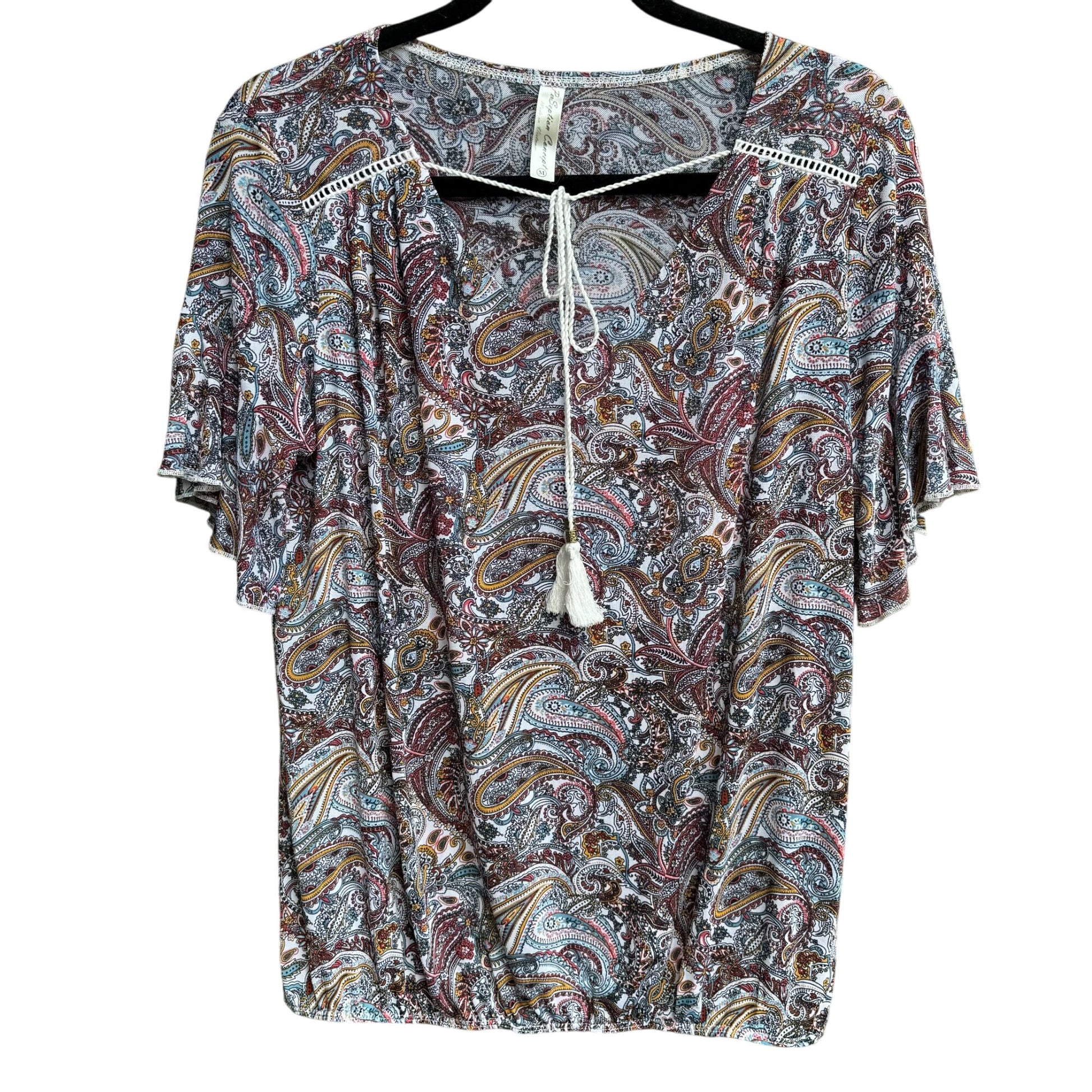 PerSeption Concept V Neck Paisley Tassel Boho Short Flutter Sleeve Flowy Blouse