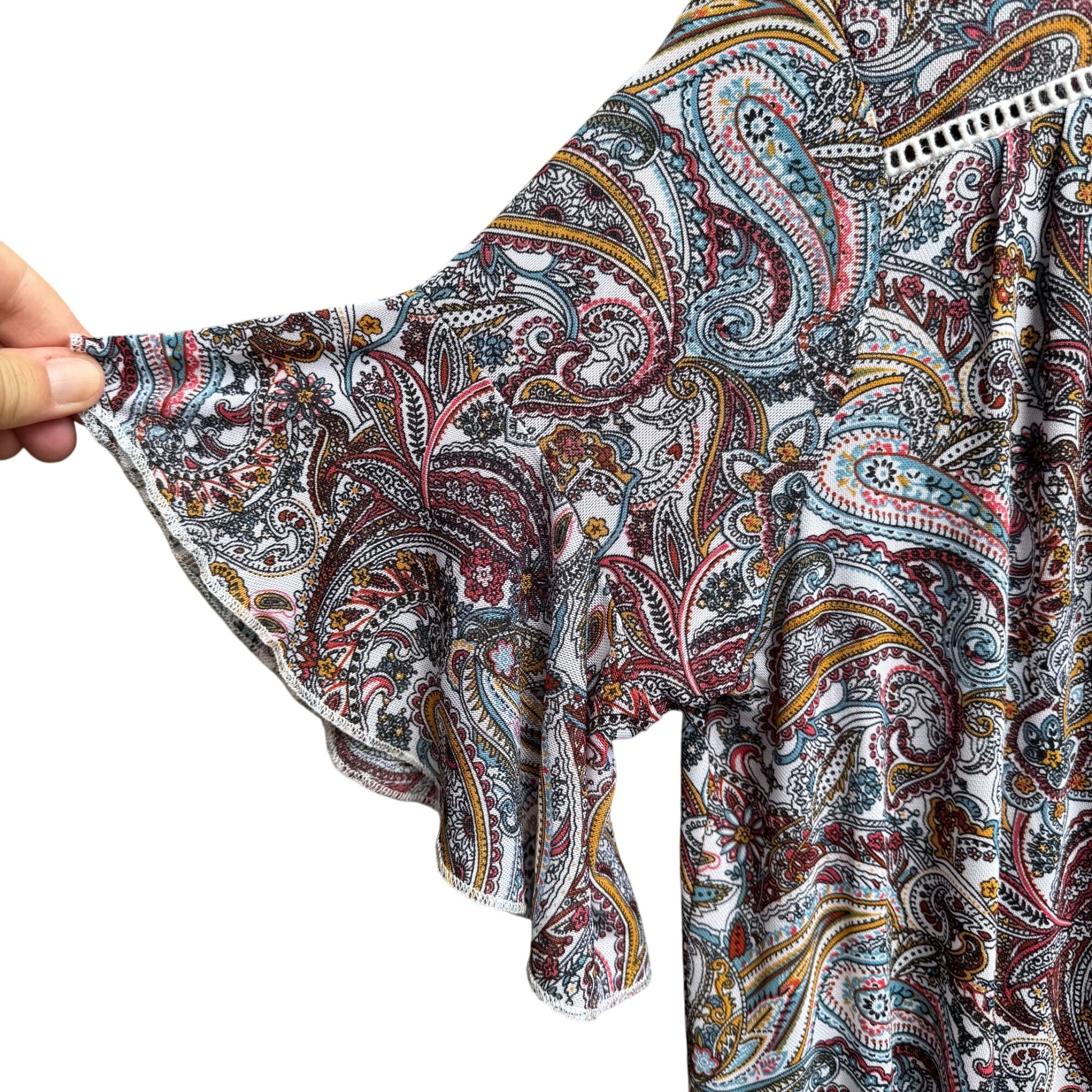 PerSeption Concept V Neck Paisley Tassel Boho Short Flutter Sleeve Flowy Blouse