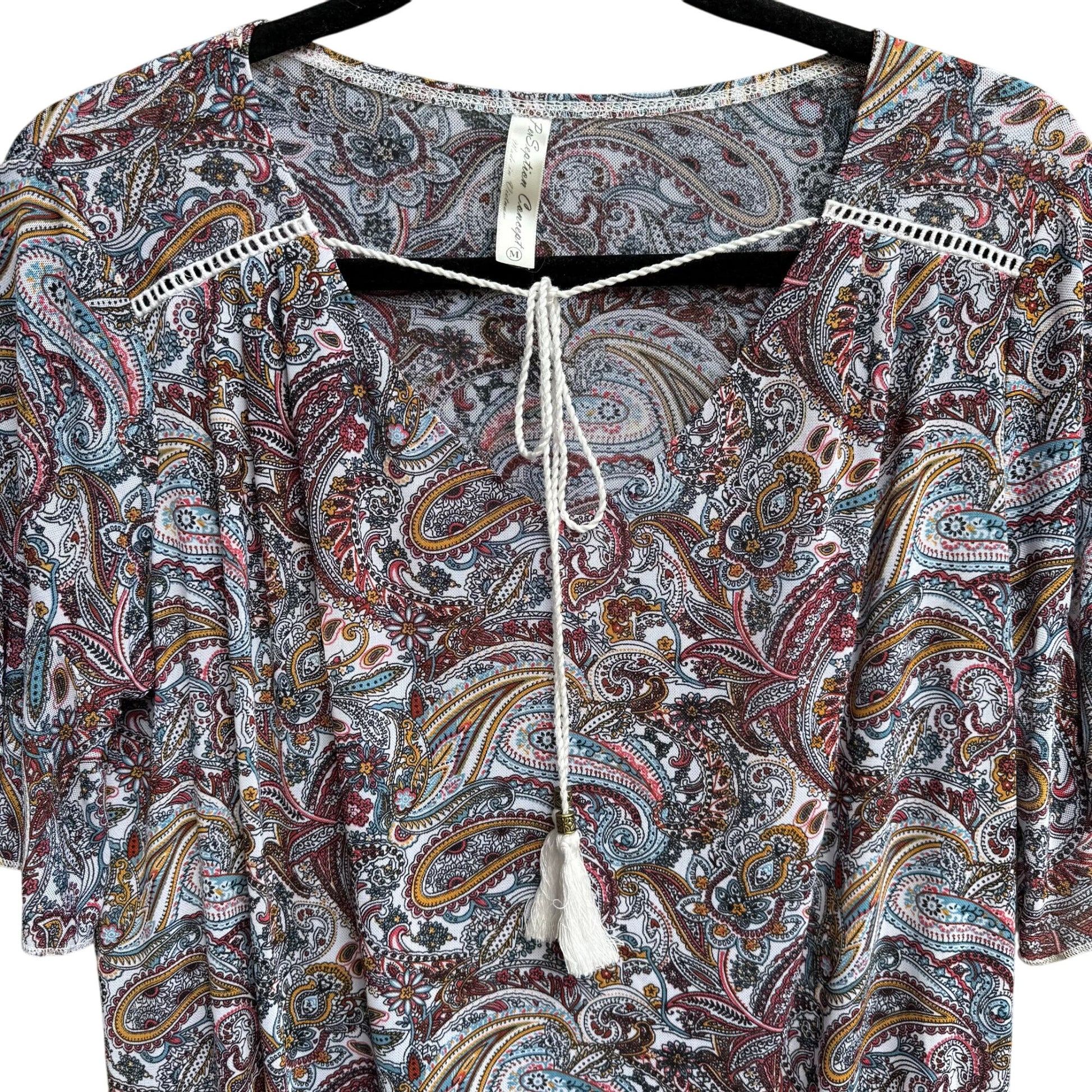 PerSeption Concept V Neck Paisley Tassel Boho Short Flutter Sleeve Flowy Blouse
