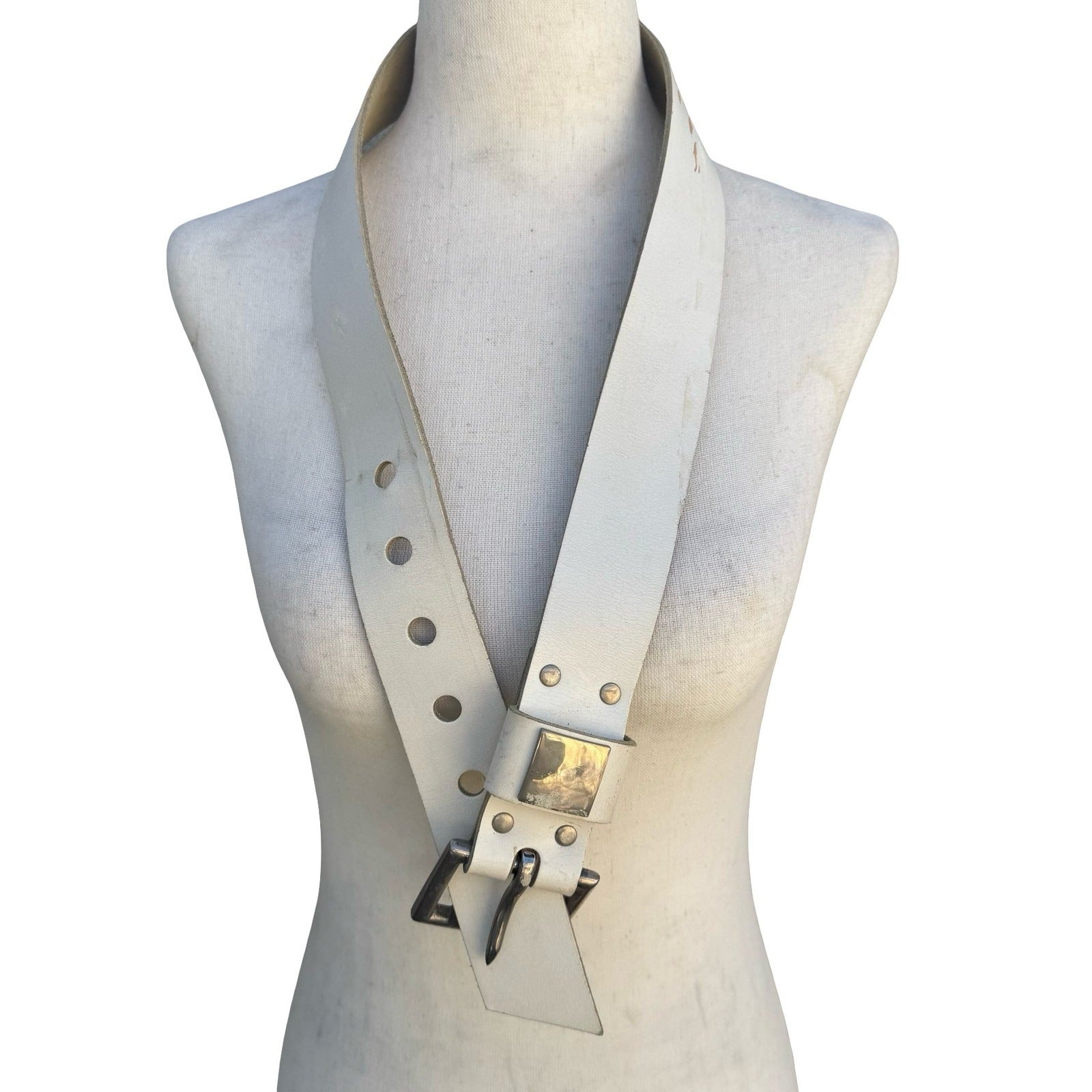 Gilles Herve Paris Vintage White Leather Belt Made in France Silver Buckle Wide