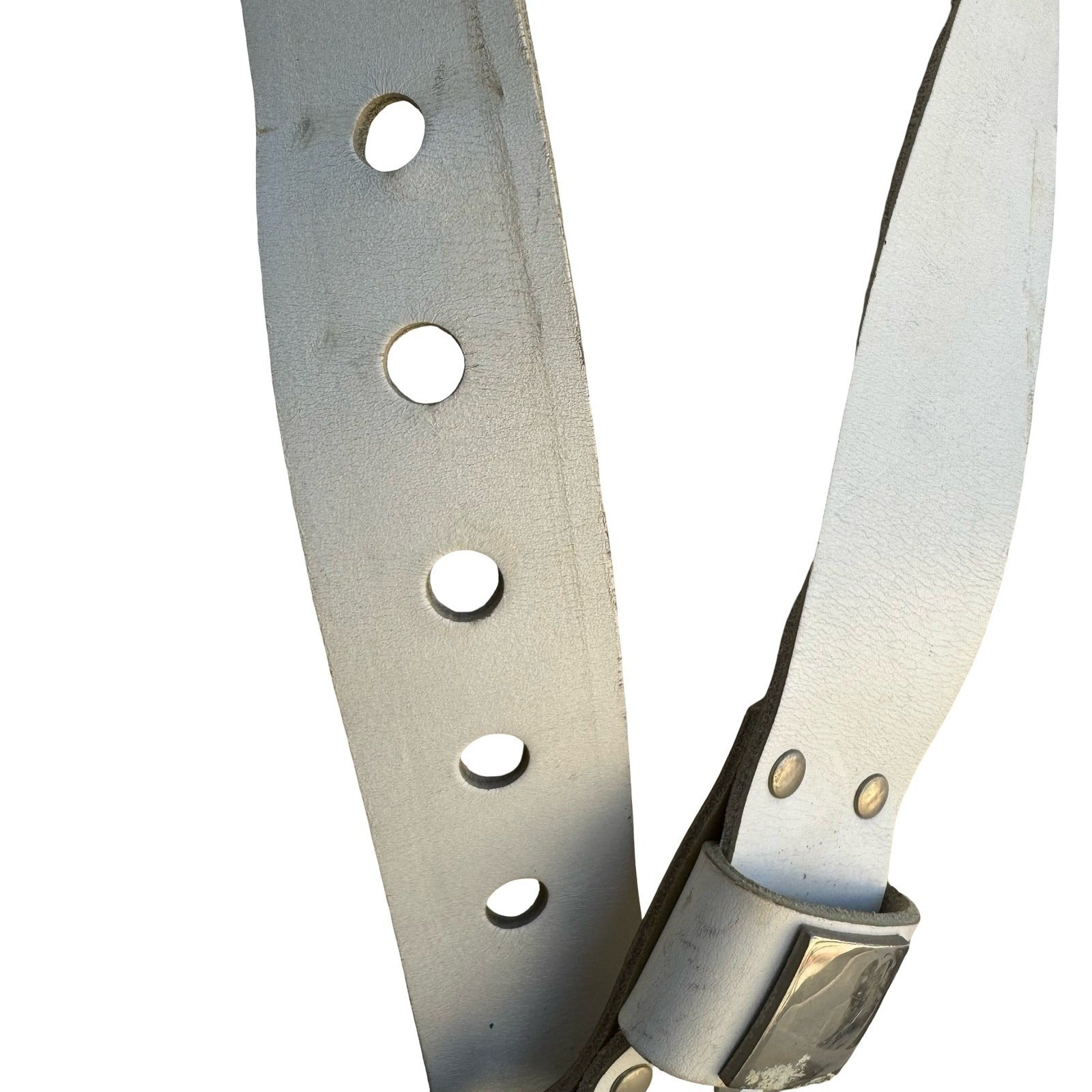 Gilles Herve Paris Vintage White Leather Belt Made in France Silver Buckle Wide