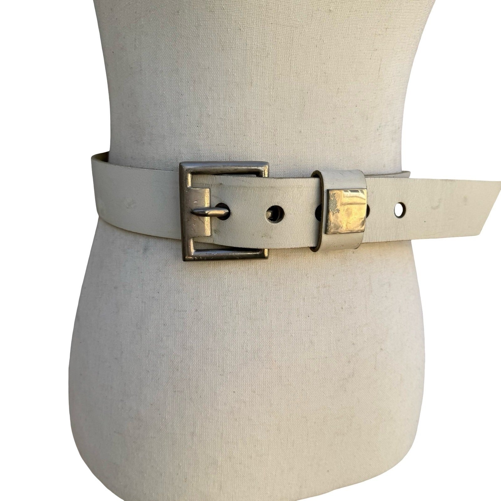 Gilles Herve Paris Vintage White Leather Belt Made in France Silver Buckle Wide