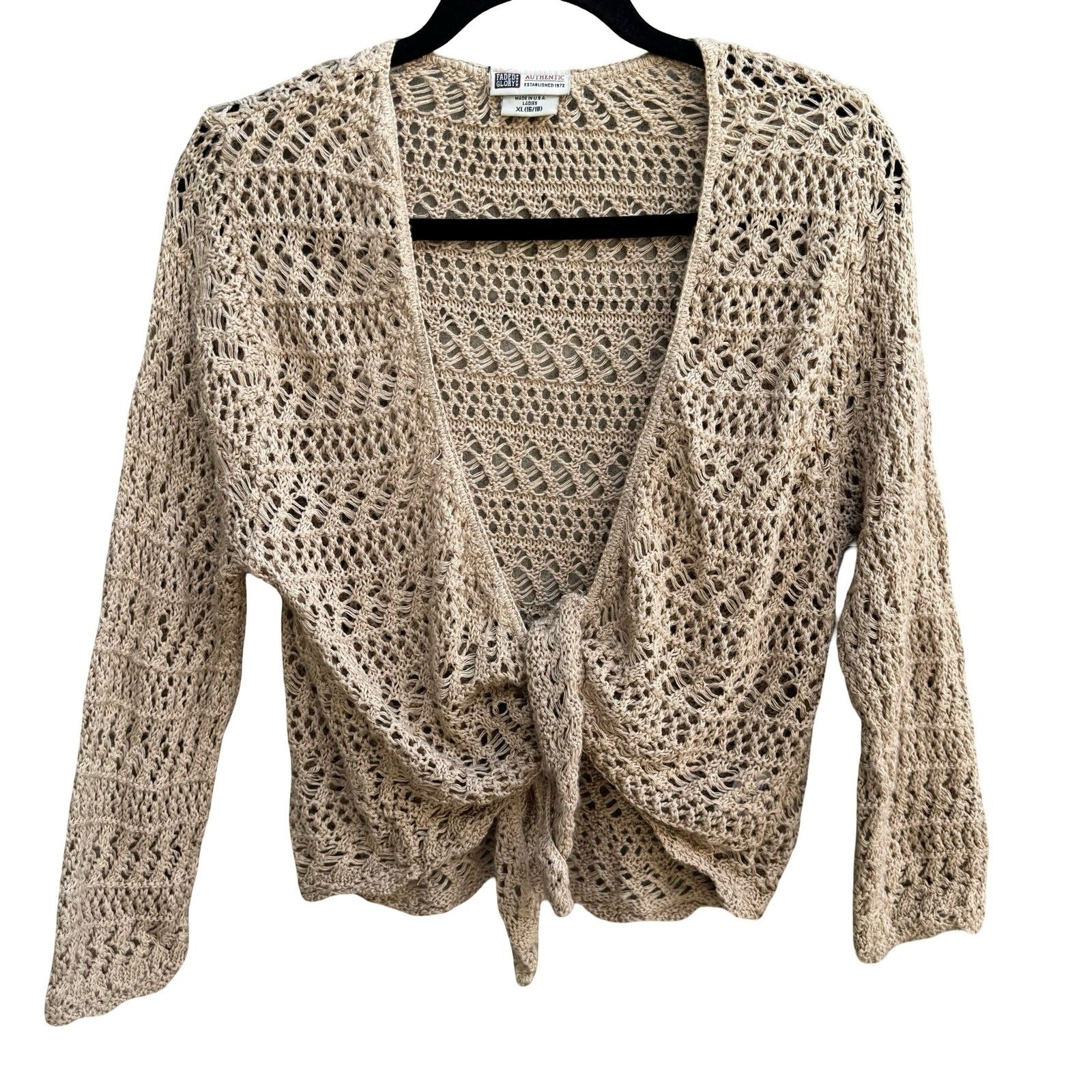 Faded Glory Vintage Y2K Boho Crochet Pointelle Open Knit Tie Cardigan Sweater XL