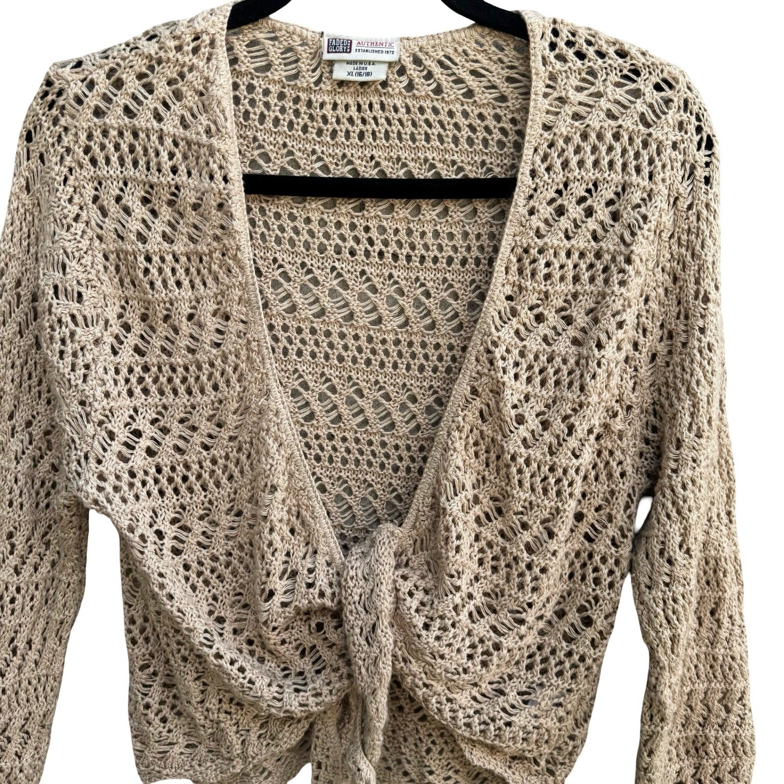 Faded Glory Vintage Y2K Boho Crochet Pointelle Open Knit Tie Cardigan Sweater XL