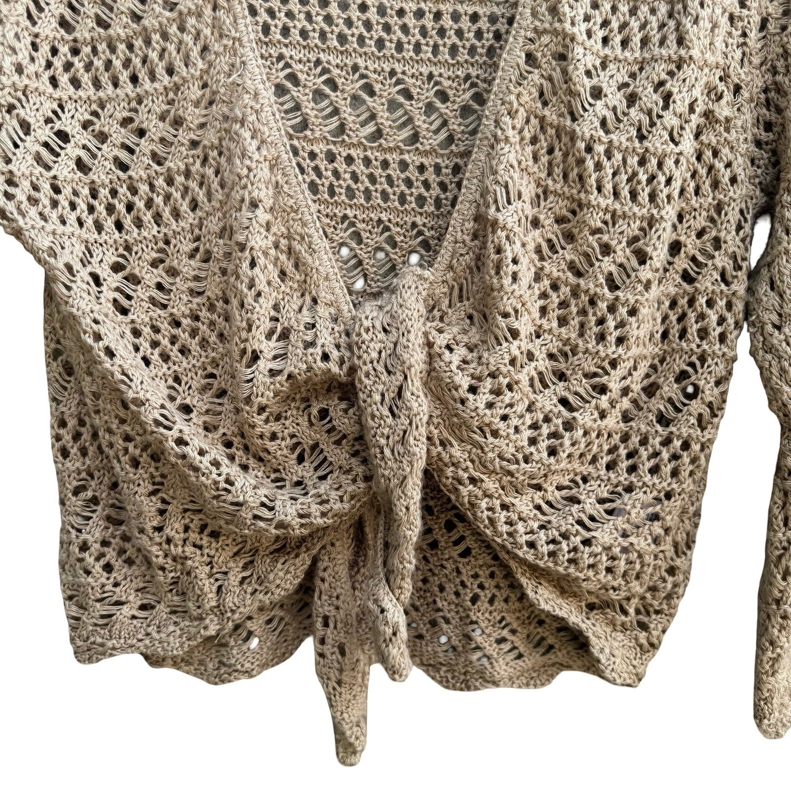 Faded Glory Vintage Y2K Boho Crochet Pointelle Open Knit Tie Cardigan Sweater XL