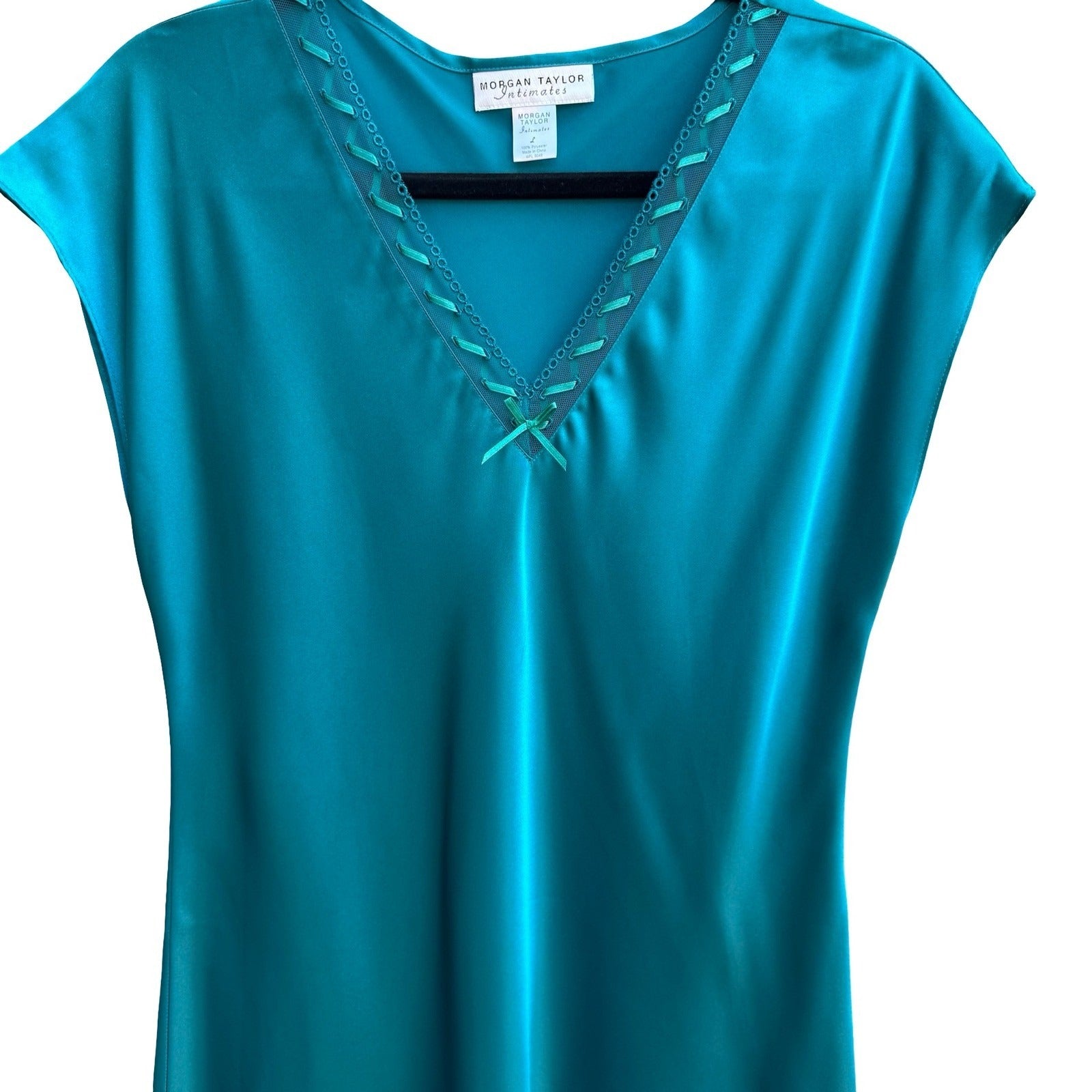 Morgan Taylor Intimates Teal Satin Chemise Nightgown Sleepwear Ribbon L Romantic