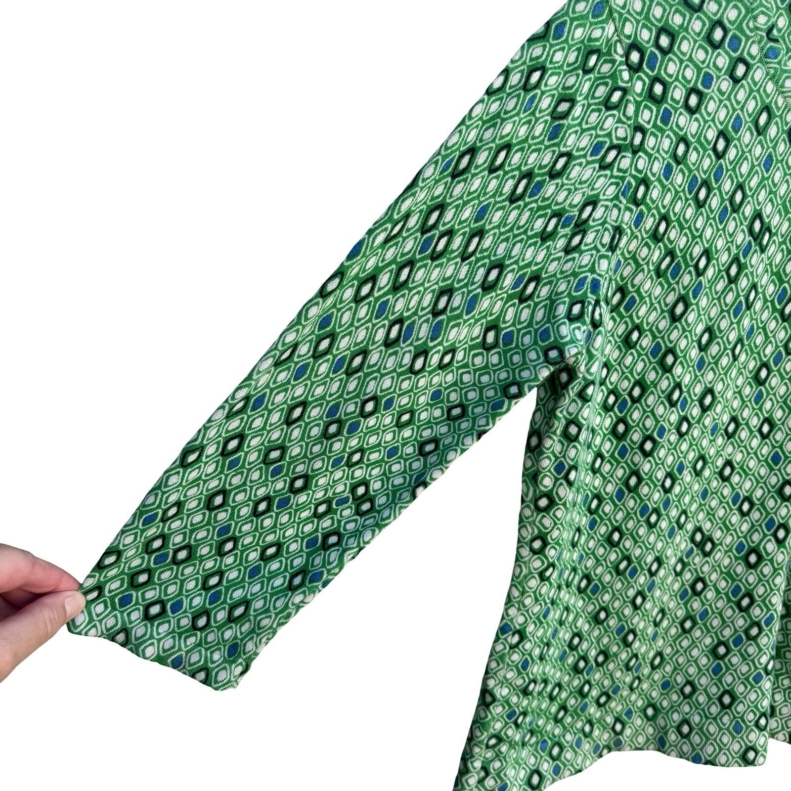 Liz & Co Womens Green Geometric Diamond Print 3/4 Sleeve Cotton Cardigan Large