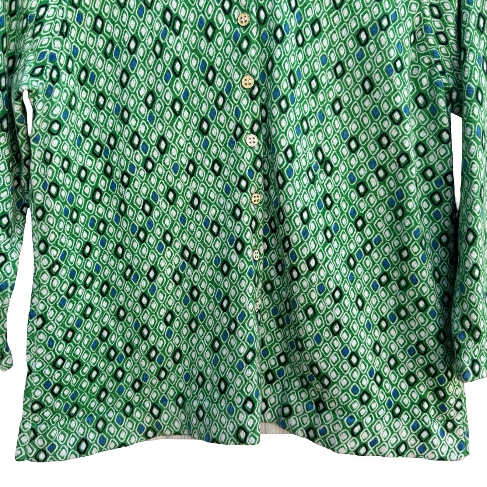 Liz & Co Womens Green Geometric Diamond Print 3/4 Sleeve Cotton Cardigan Large