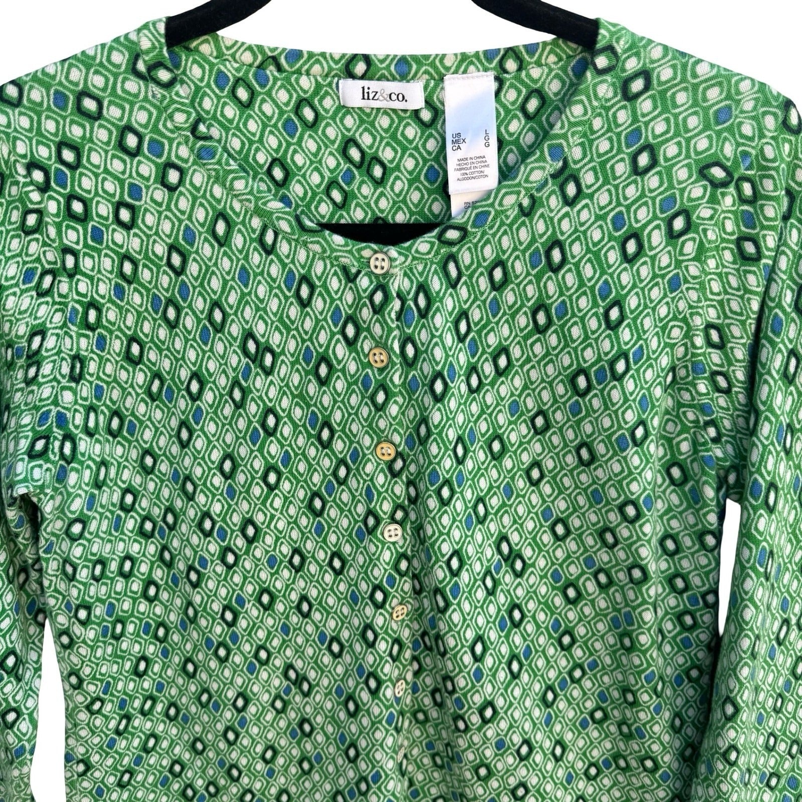 Liz & Co Womens Green Geometric Diamond Print 3/4 Sleeve Cotton Cardigan Large