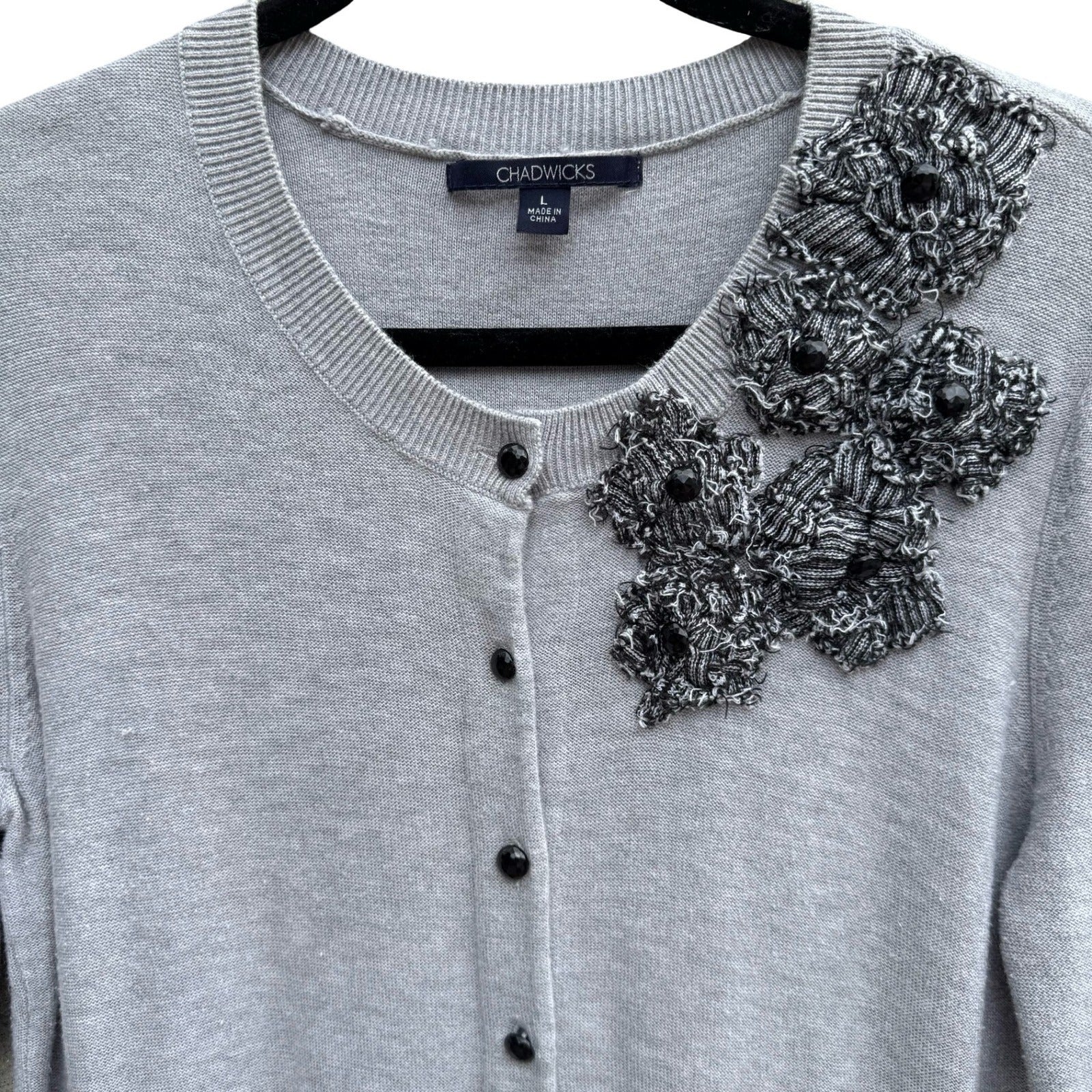 Chadwicks Gray Cardigan Sweater Large Floral Applique Beaded Coquette Chic L