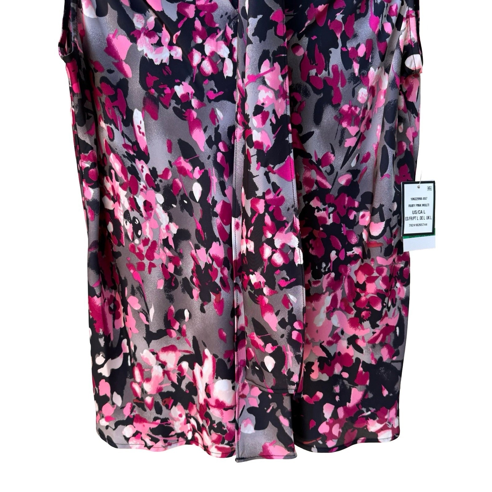 Nine West Professional Abstract Dark Floral Tie Neck Sleeveless Blouse L NEW