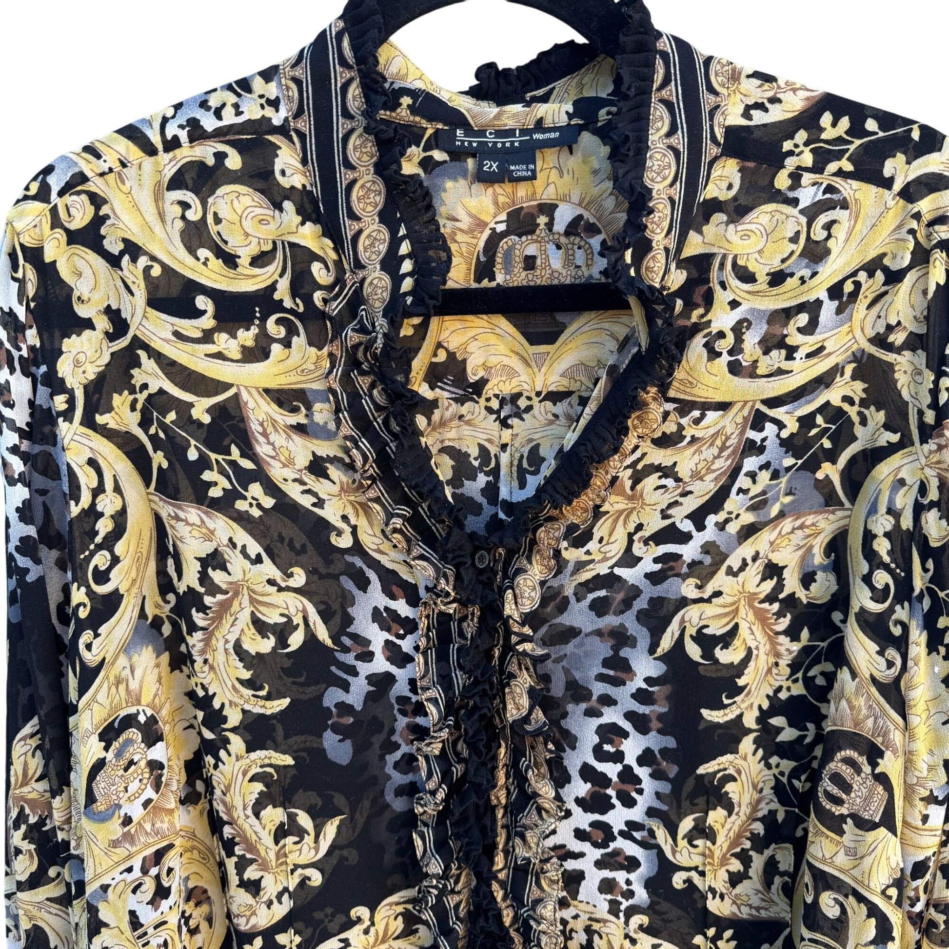 ECI New York Womens Ruffle Trim Black Gold Baroque Glam Leopard Print Blouse 2X