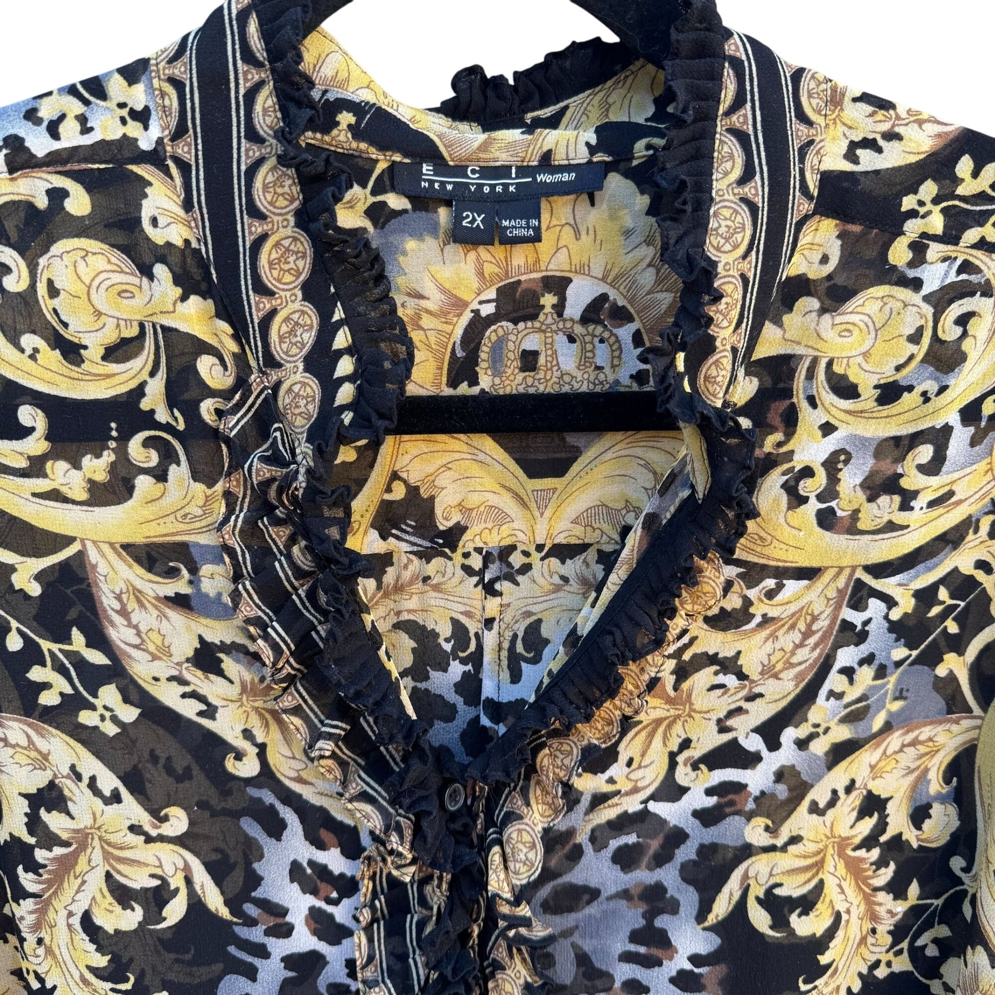 ECI New York Womens Ruffle Trim Black Gold Baroque Glam Leopard Print Blouse 2X