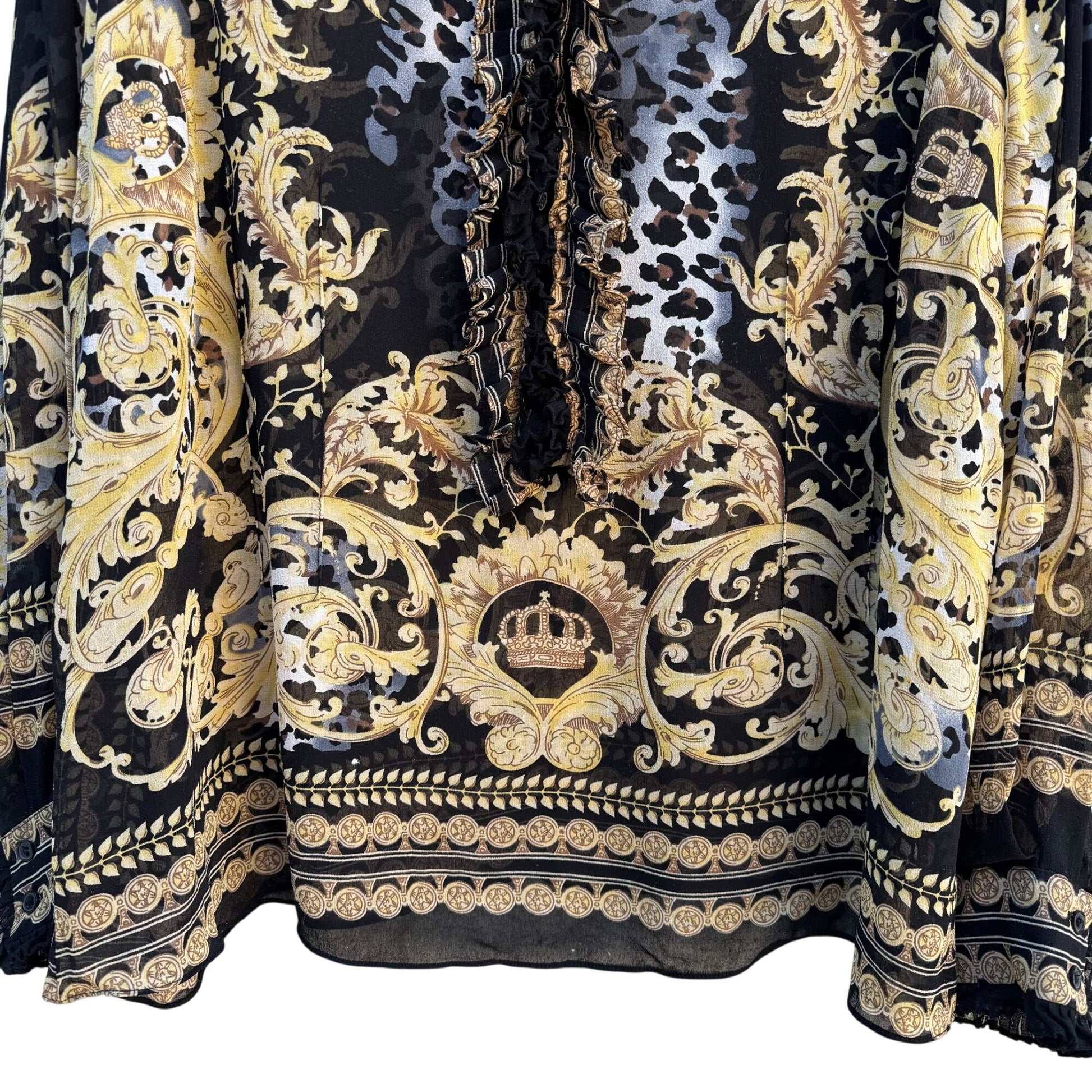 ECI New York Womens Ruffle Trim Black Gold Baroque Glam Leopard Print Blouse 2X