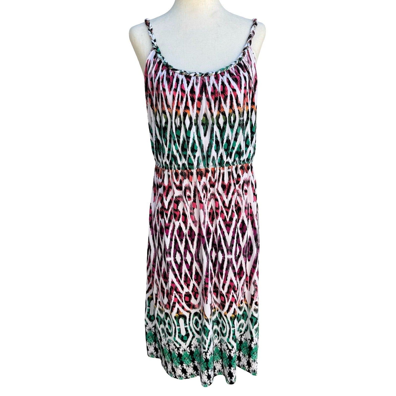 Style & Co Boho Pink Green Ikat Geometric Braided Strap Midi Sundress Womens M