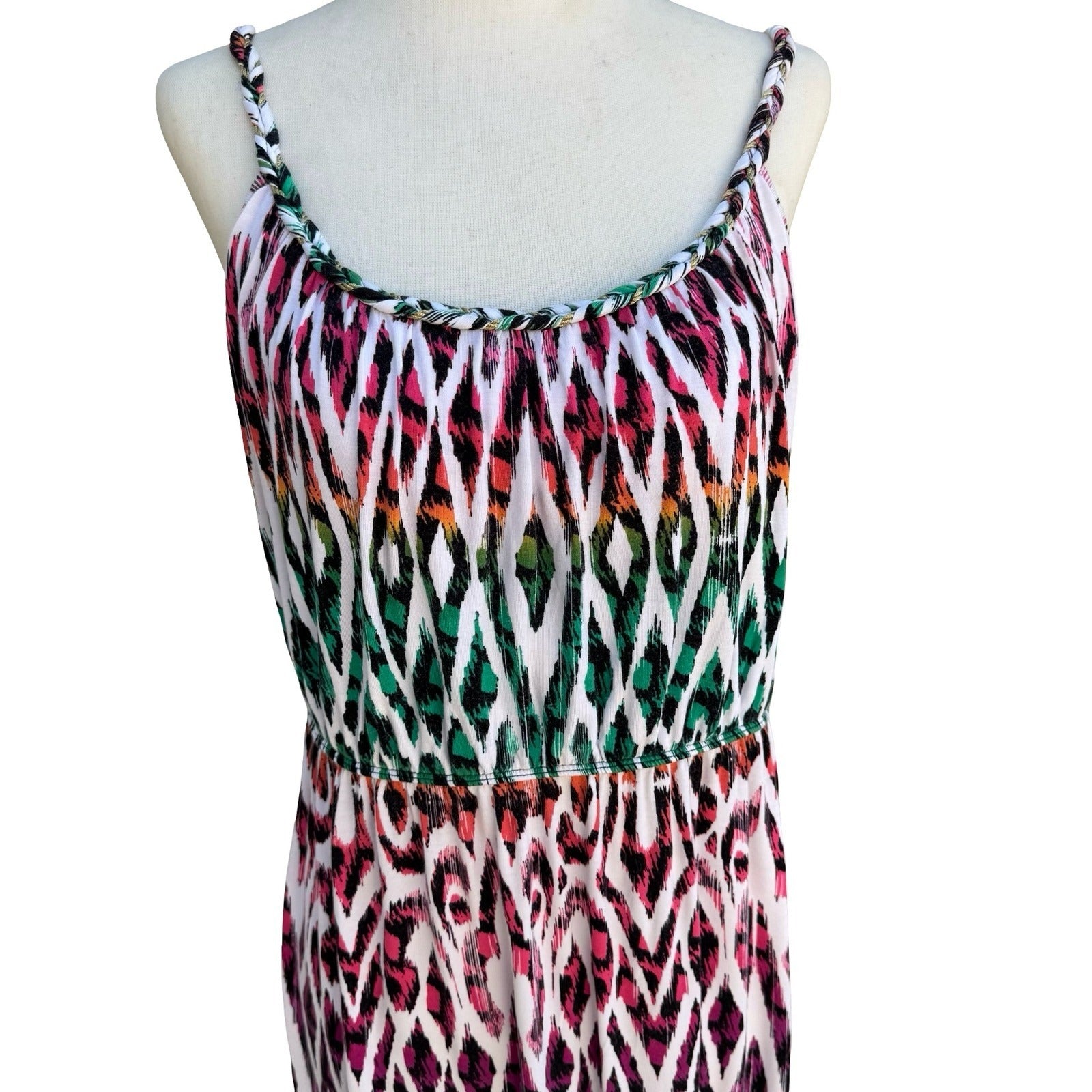 Style & Co Boho Pink Green Ikat Geometric Braided Strap Midi Sundress Womens M