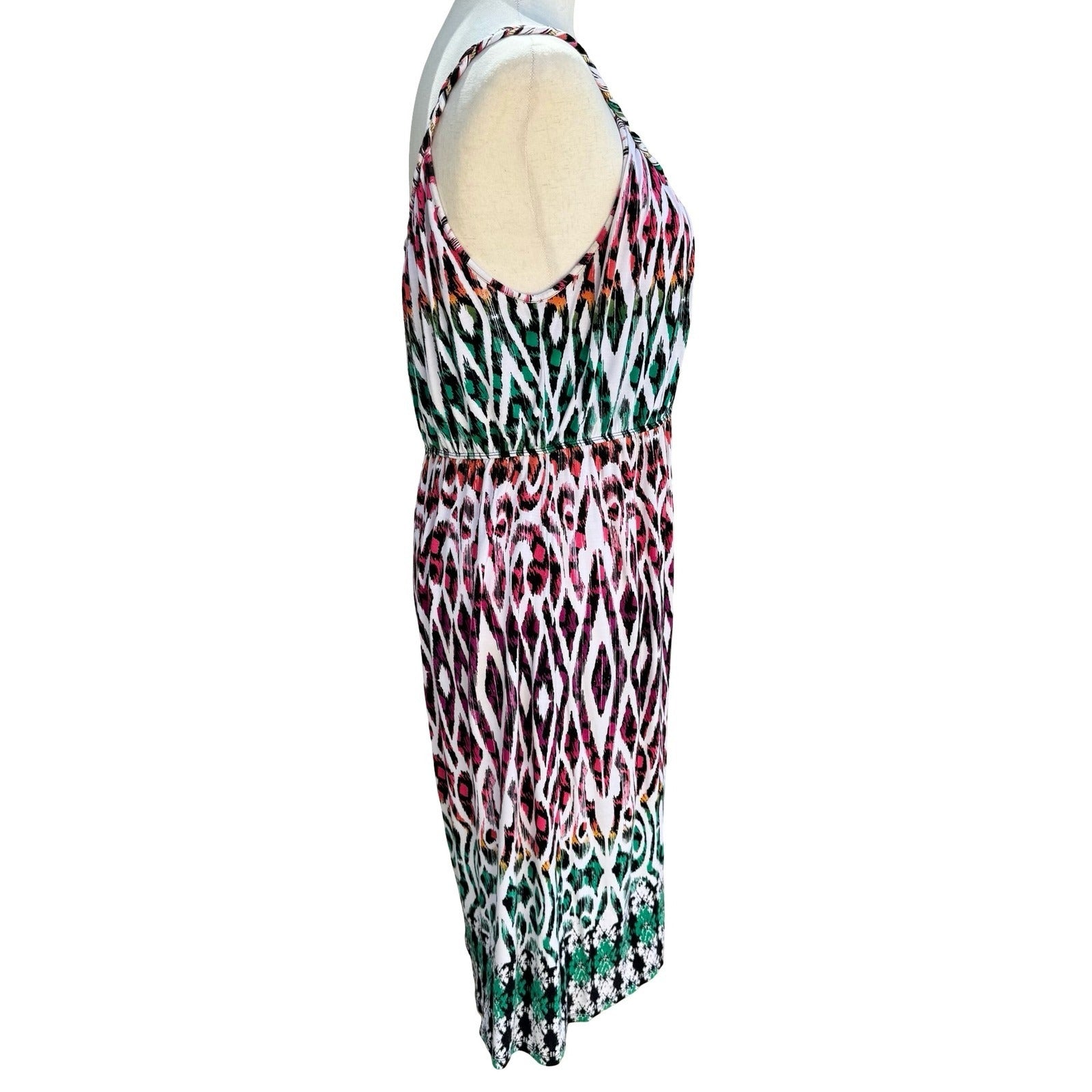Style & Co Boho Pink Green Ikat Geometric Braided Strap Midi Sundress Womens M
