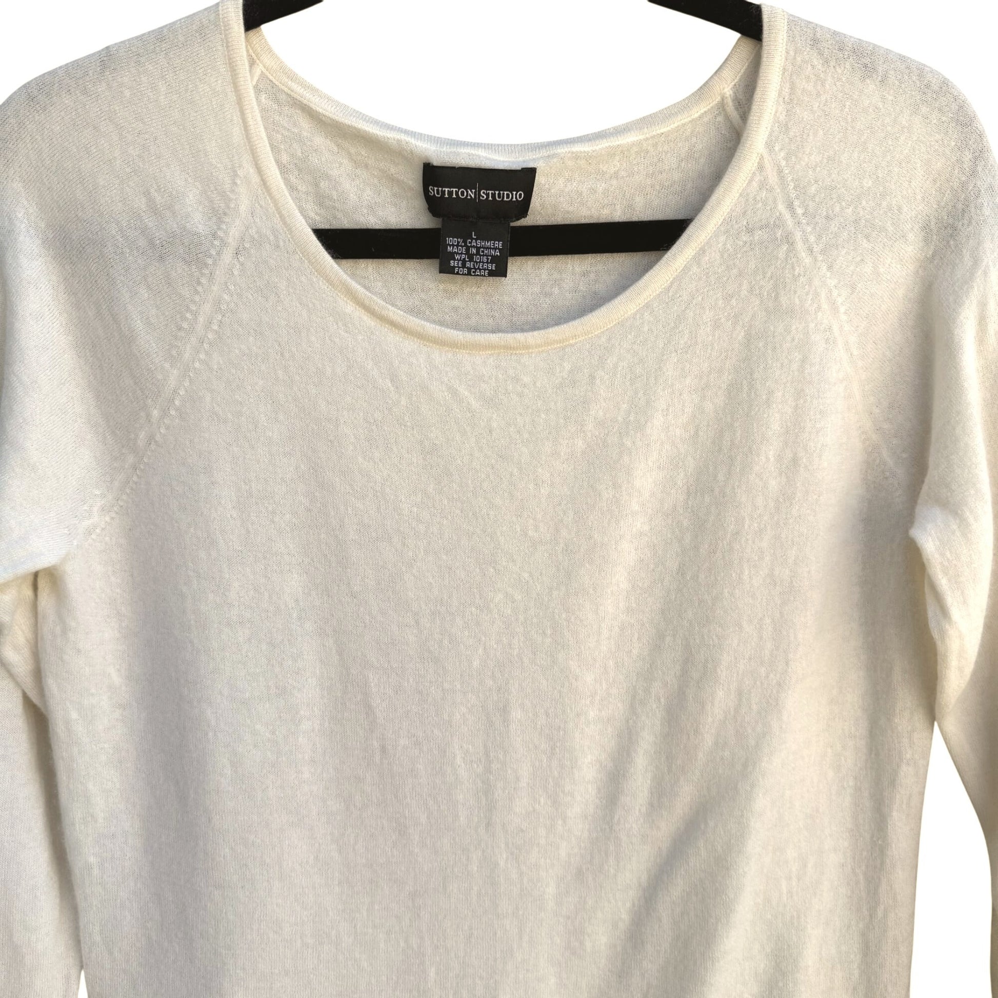 Sutton Studio Womens White Cashmere 3/4 Sleeve Buttoned Cuffs Knit Sweater L