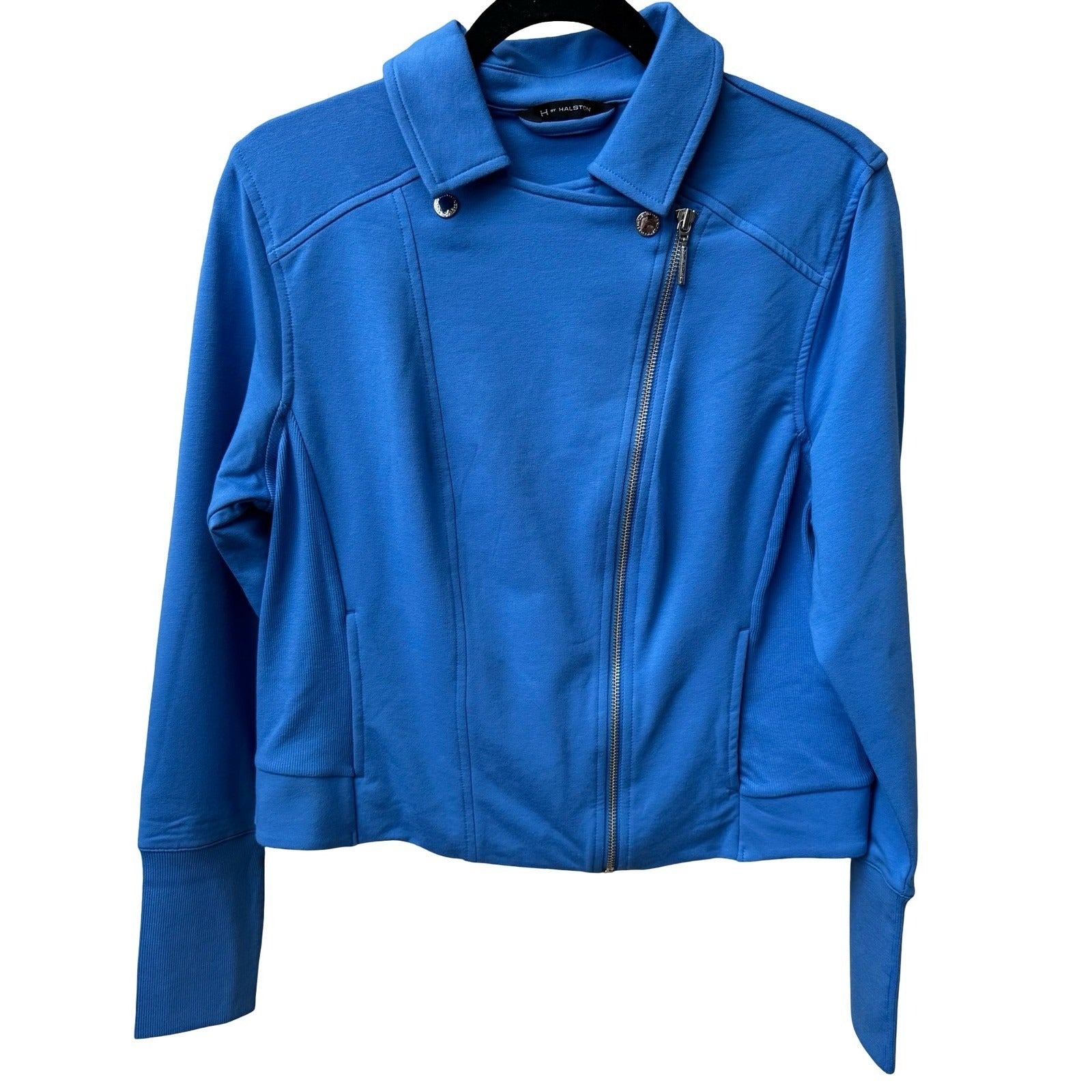 H by Halston Knit Soft Moto Biker Jacket Asymmetrical Zip Blue Womens 12 NEW