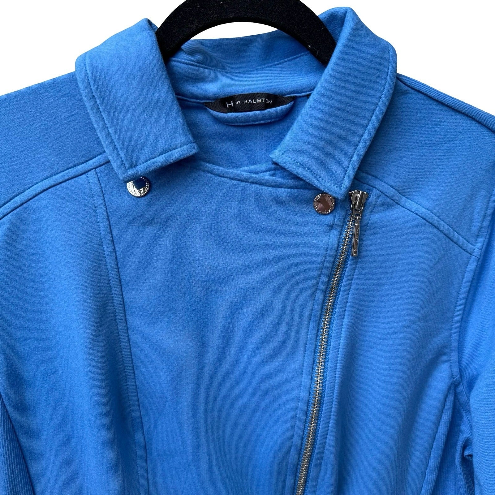 H by Halston Knit Soft Moto Biker Jacket Asymmetrical Zip Blue Womens 12 NEW