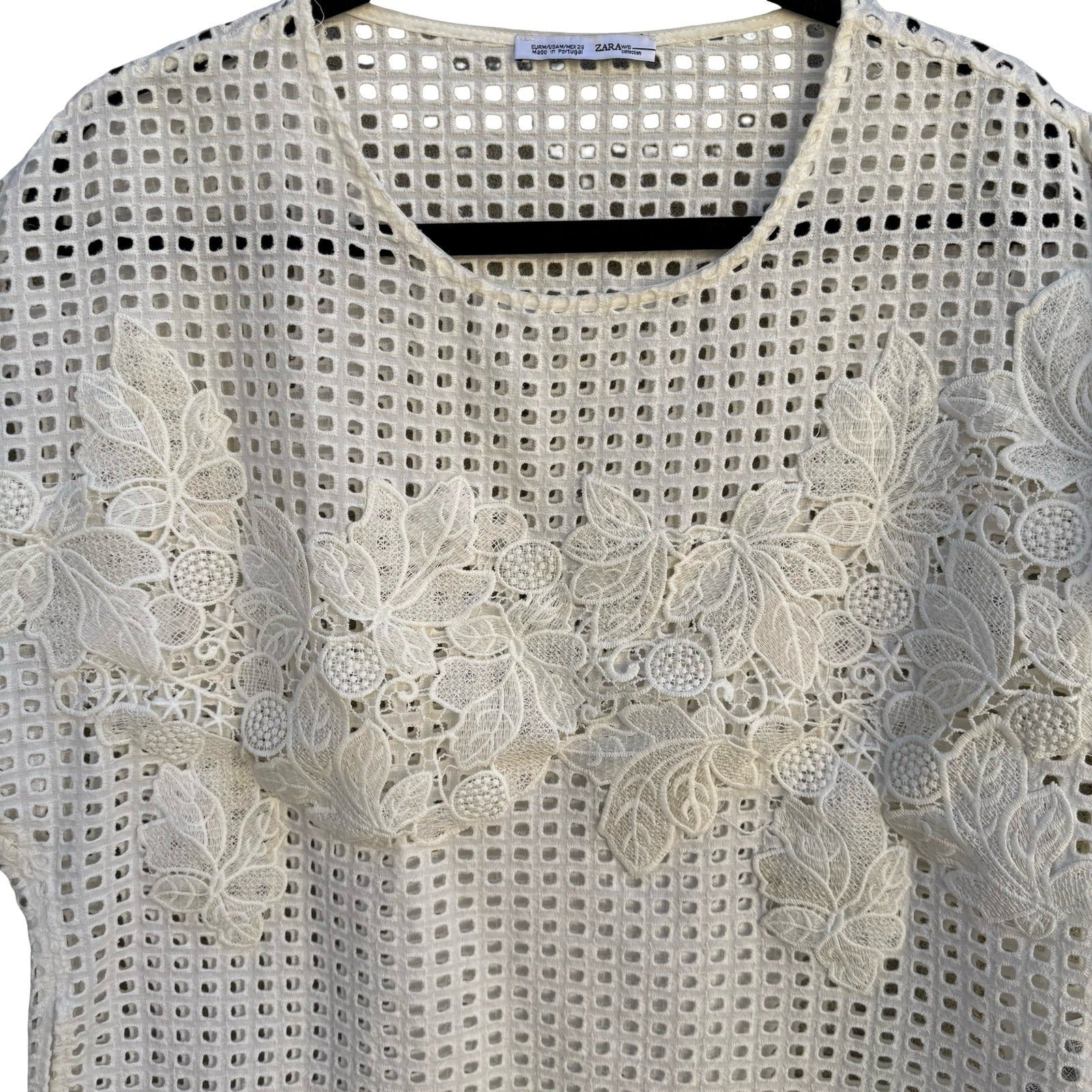 Zara Woman Collection Cream Eyelet Lace Floral Applique Boxy Top Blouse Medium