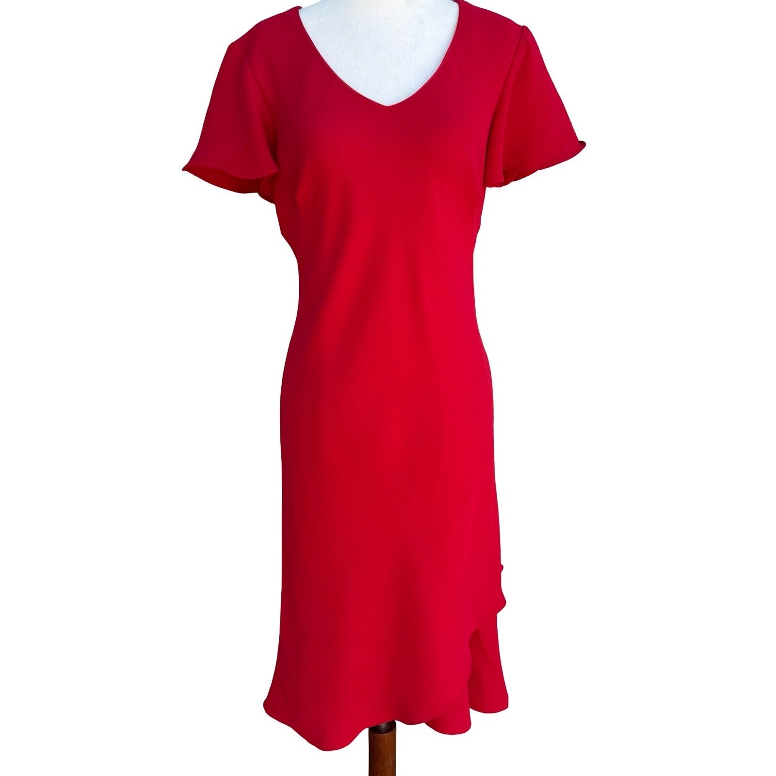 Scarlett Red V-Neck Flutter Sleeve Tulip Hem Cocktail Midi Sheath Dress Womens 8