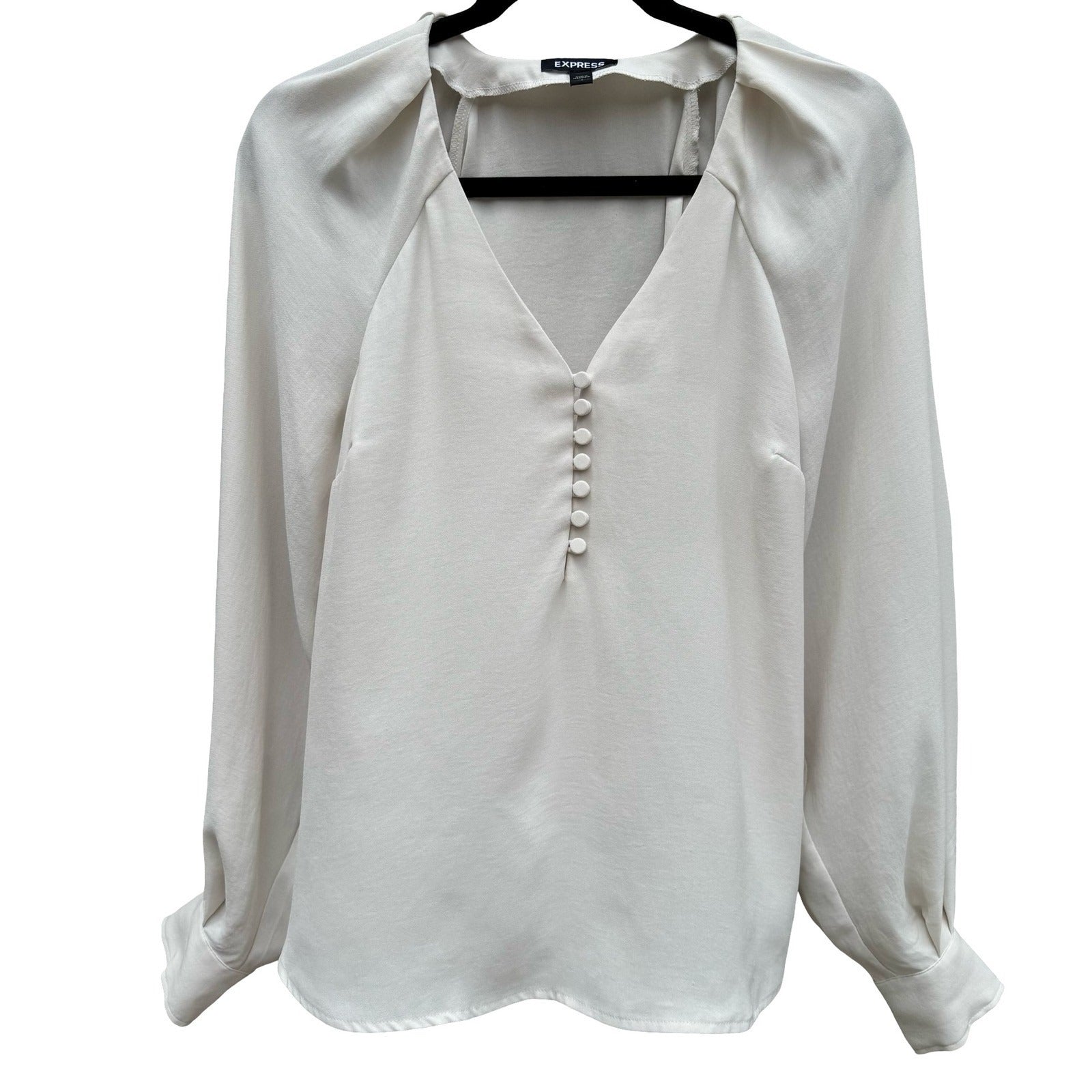 Express Womens S Cream V-Neck Bishop Sleeve Blouse Romantic Coquette Feminine