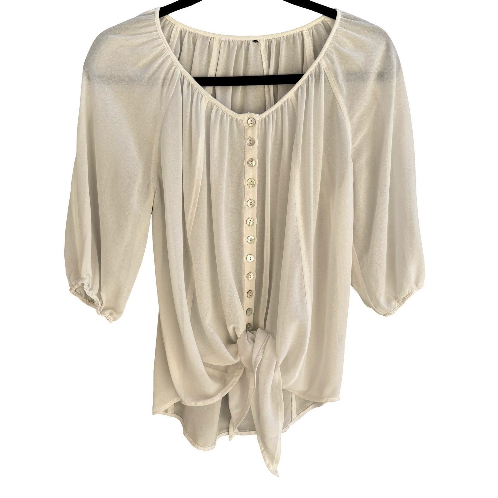 Ethereal Cream Airy Sheer Peasant Blouse Chiffon Tie Hem Boho Coastal Romantic