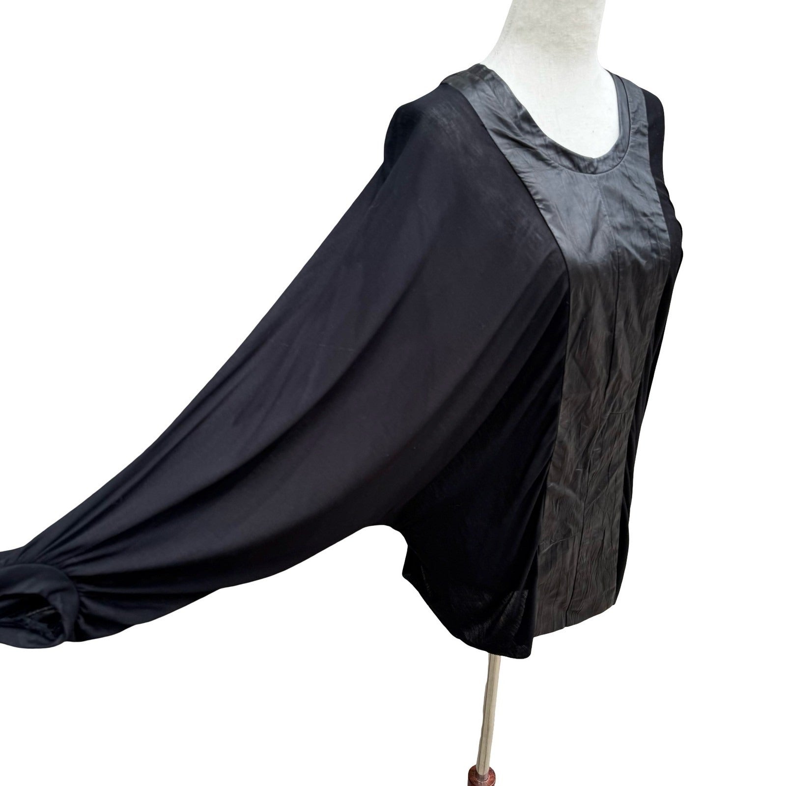 Poleci Y2K Goth Edgy Avant Garde Mixed Media Batwing Sleeve Top Leather Panel S