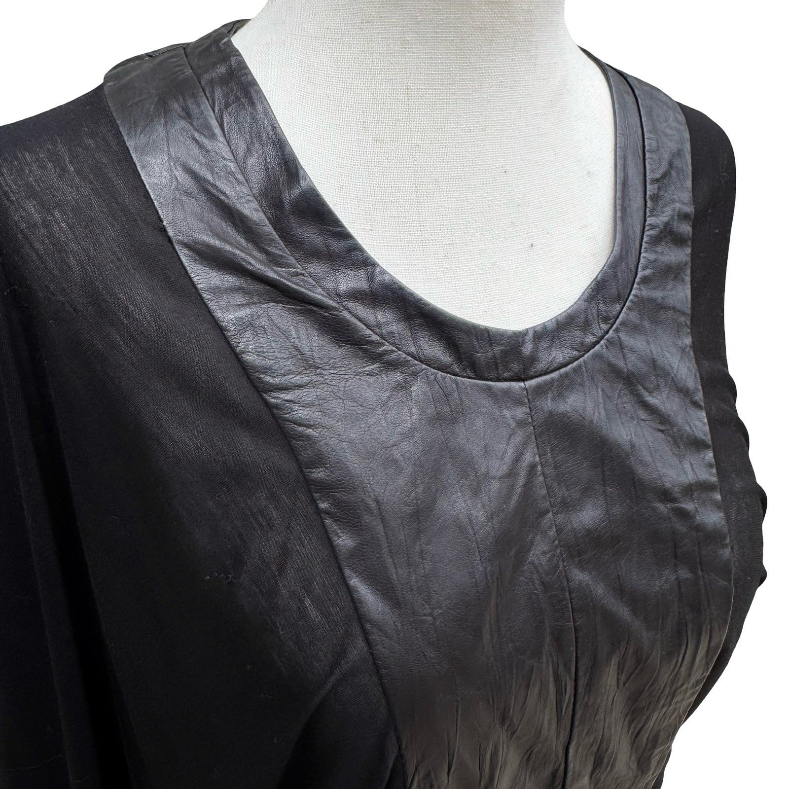 Poleci Y2K Goth Edgy Avant Garde Mixed Media Batwing Sleeve Top Leather Panel S