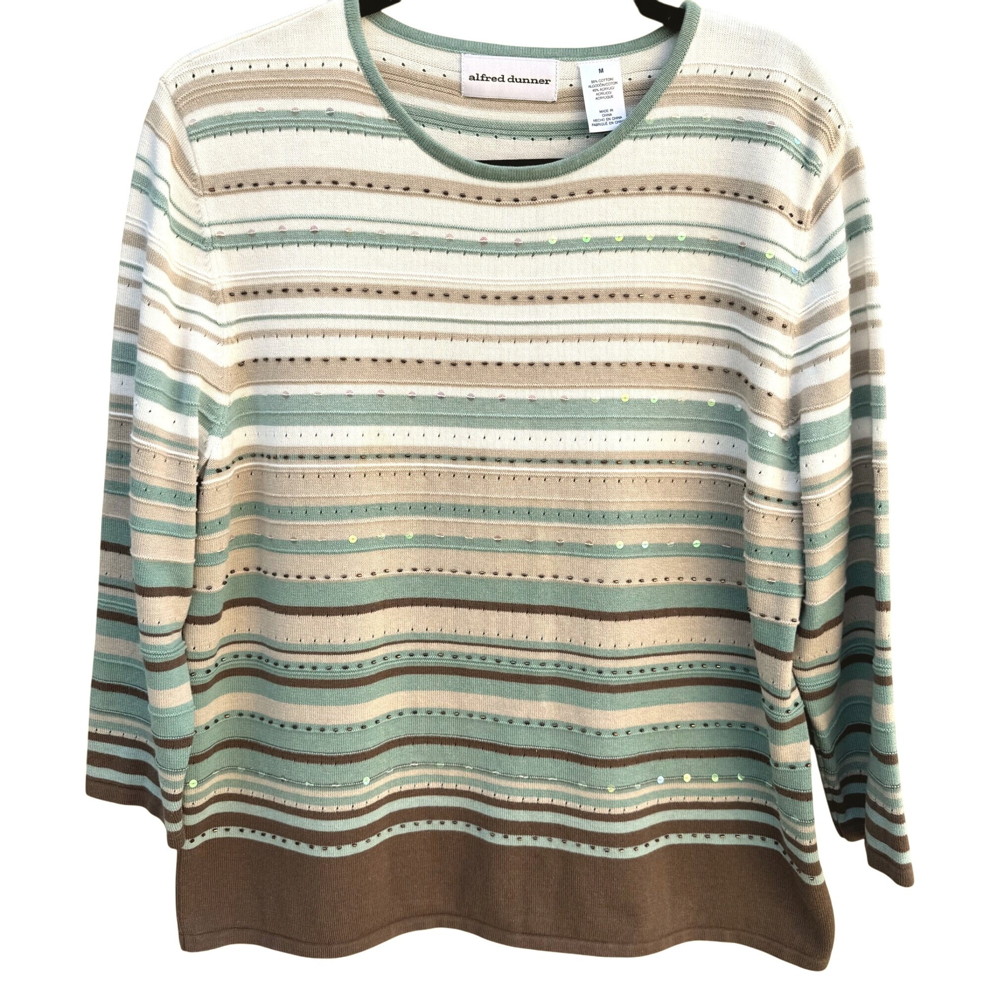 Alfred Dunner Womens Striped Beaded Sequin Knit Sweater M Green/Brown 3/4 Sleeve