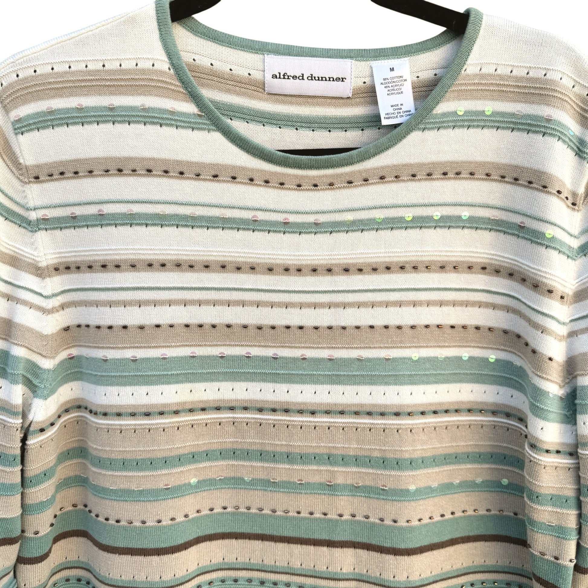 Alfred Dunner Womens Striped Beaded Sequin Knit Sweater M Green/Brown 3/4 Sleeve