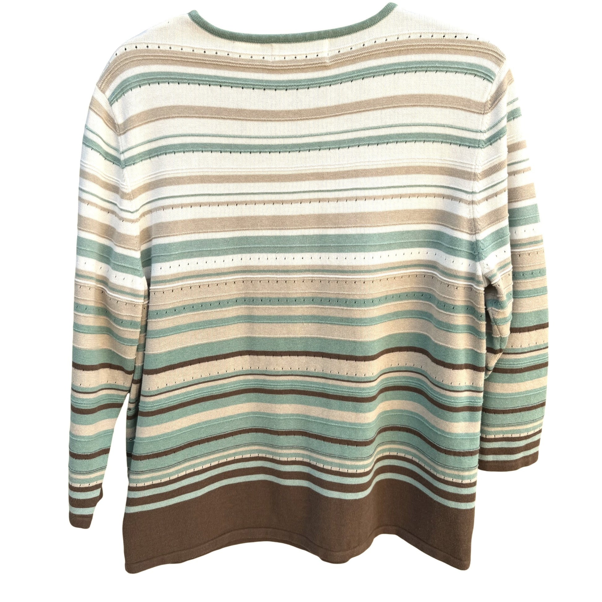 Alfred Dunner Womens Striped Beaded Sequin Knit Sweater M Green/Brown 3/4 Sleeve